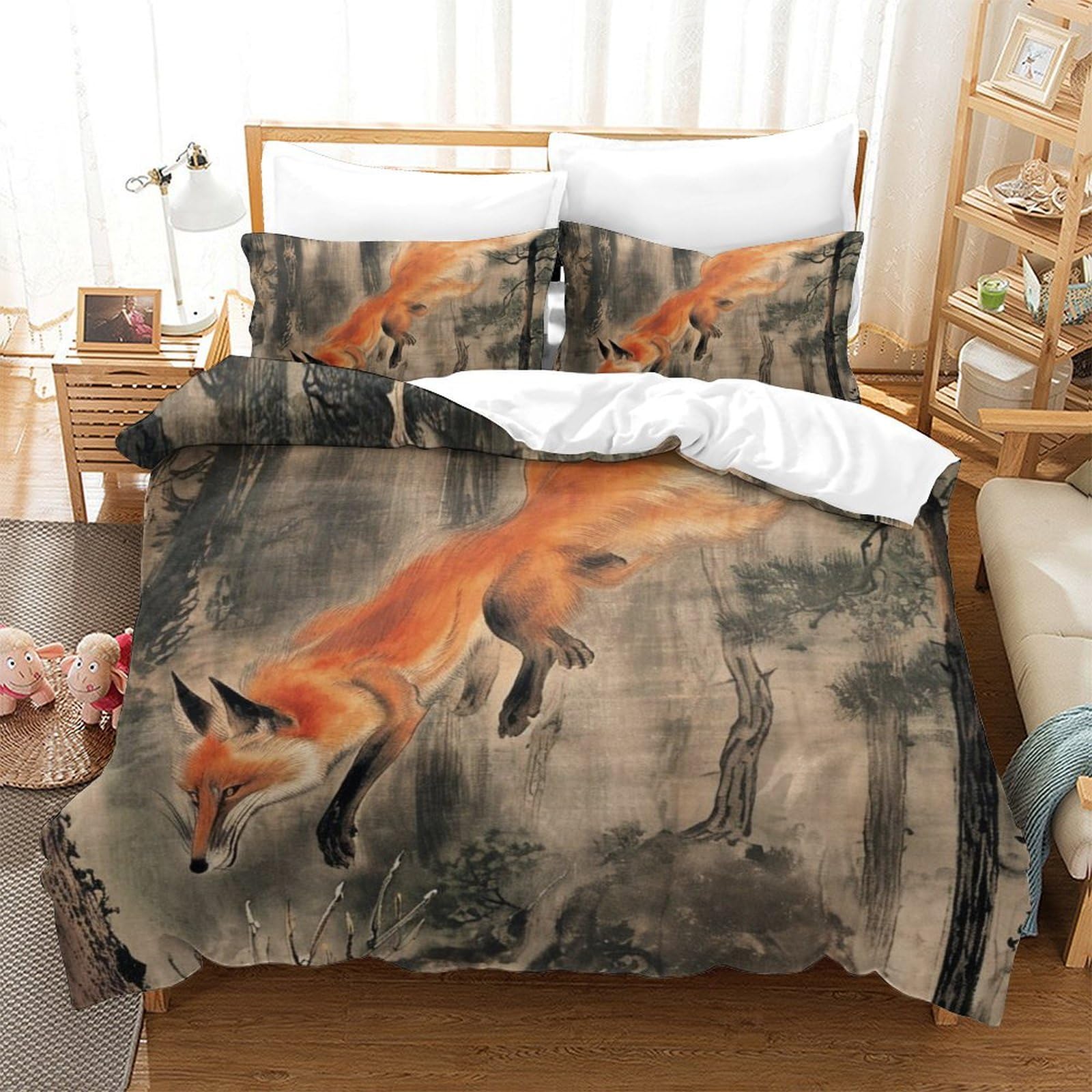 Housse de couette jungle renard 3 pièces 220x240 pour lit king size