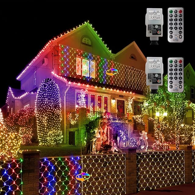 [2 Pack] Net Lights Outdoor Mesh Lights 100 LED 1.5m x 1.5m Warm White & Multicolour Changing Christmas Twinkle Net Fairy Lights w/ Remote for Curtain, Bush, Festivals, Backdrops,Holiday, Xmas Decor
