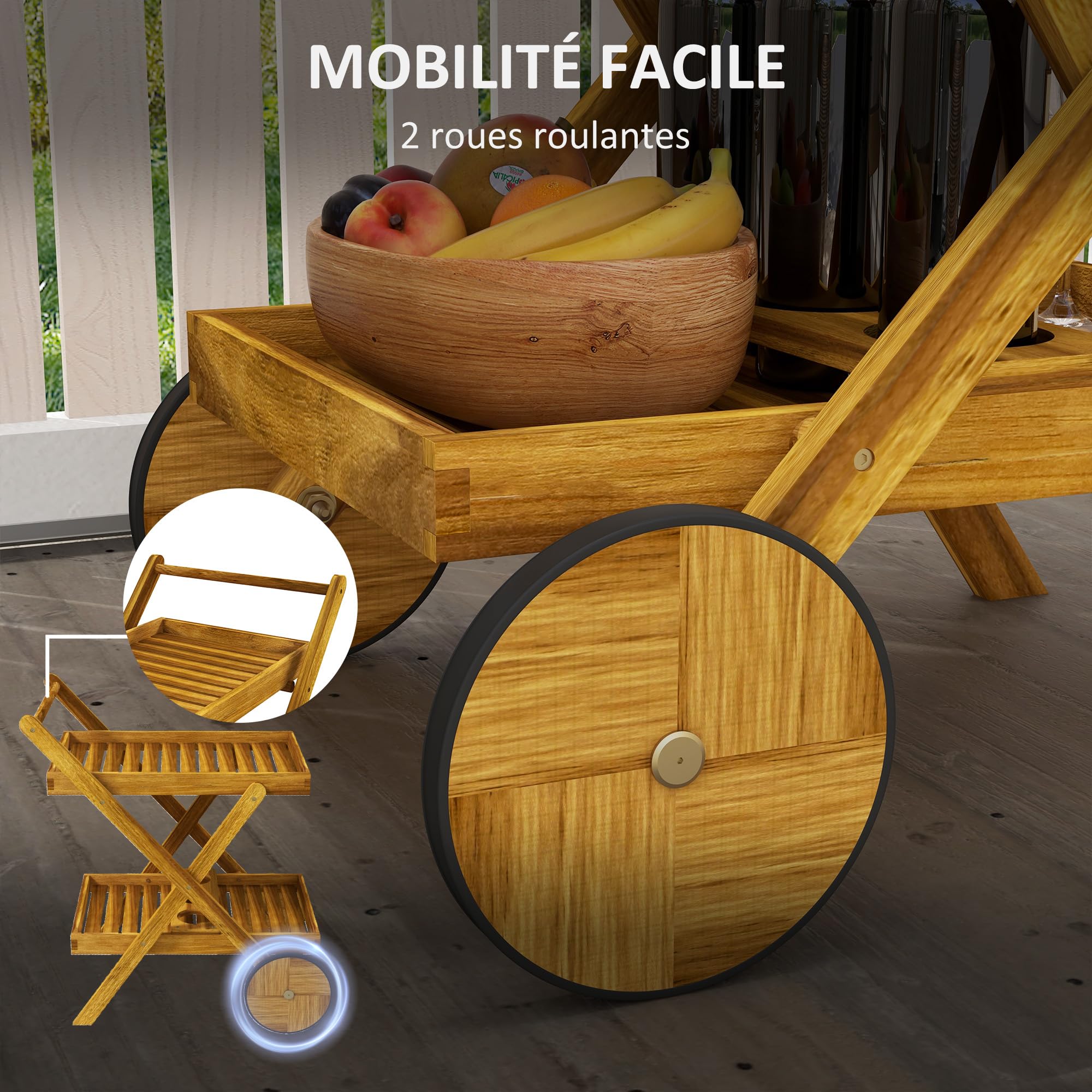 Outsunny Desserte de Jardin Chariot pour Barbecue en Bois avec 2 Plateaux, 3 casiers à Bouteilles et 2 Roues 52L x 71l x 74H cm Bois Naturel