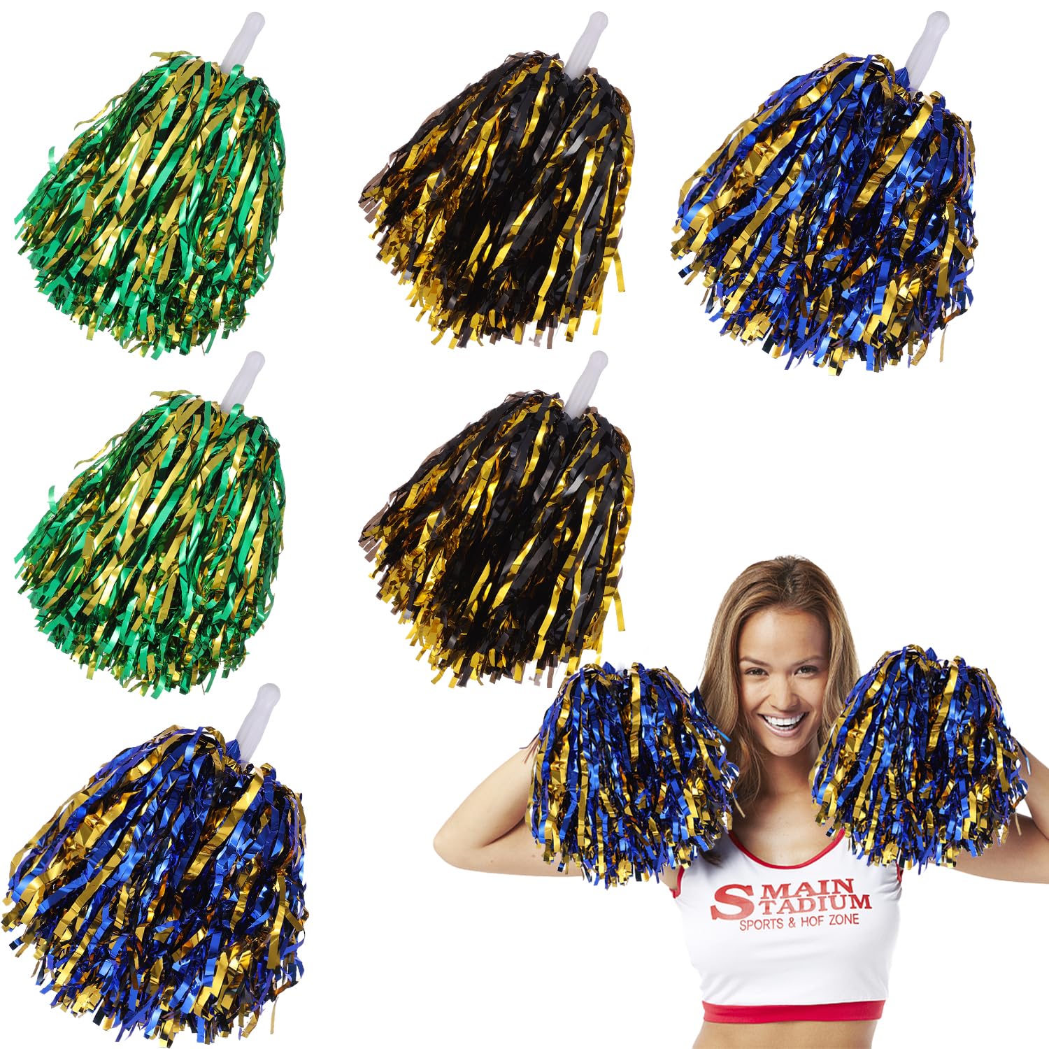 6 Piezas Pompones Animadora Pompones de Colores para Animadoras Pompones Animadora Niña Pompon Animadora con Asa para Eventos Deportivos Juegos Escolares Baile y Raves(Oro Verde Oro Negro Oro Azul) — view 2