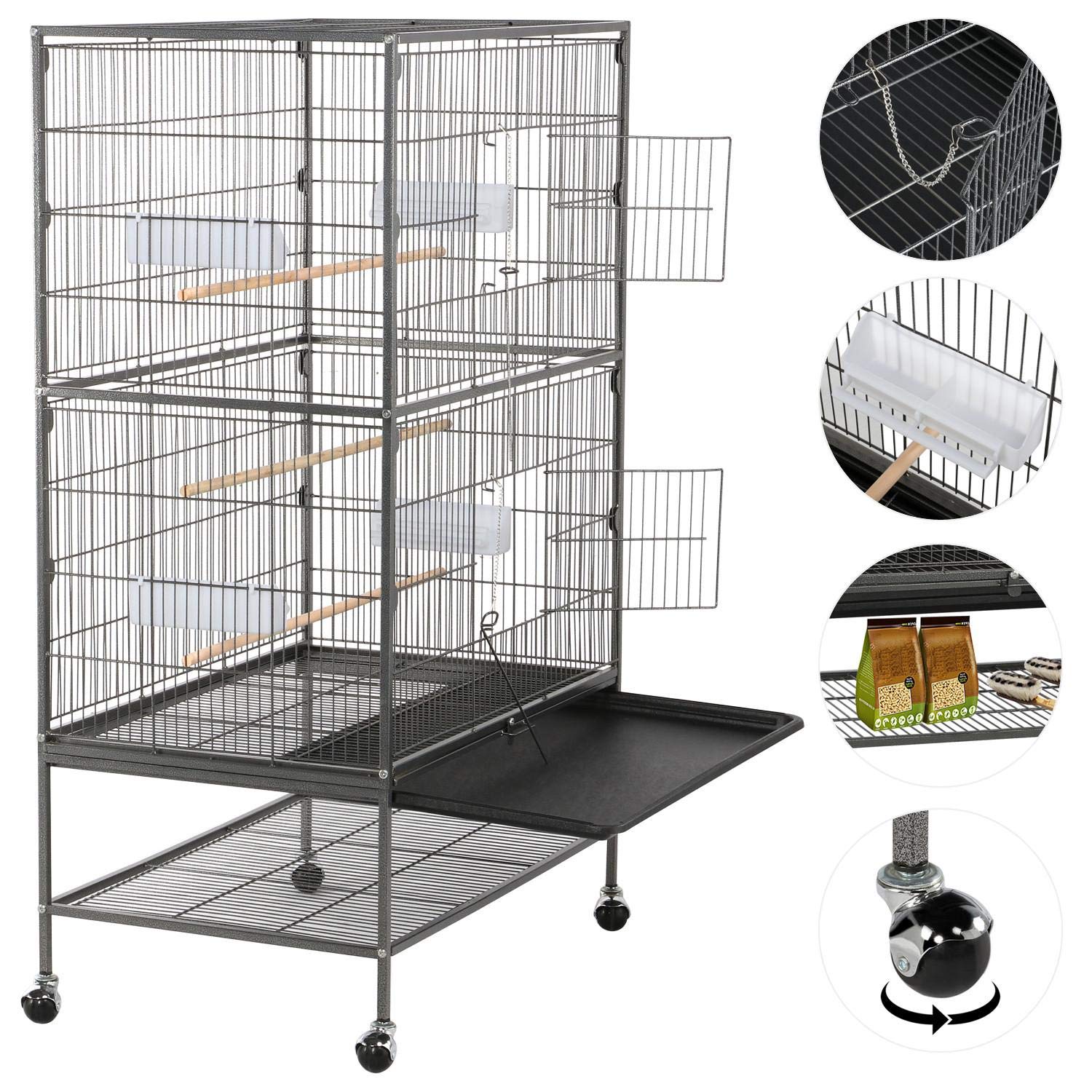 Yaheetech Jaula Grande para Pájaros, Mascota con Ruedas, Unisex, 52 cm x 79 cm x 132 cm, Hierro, Negro