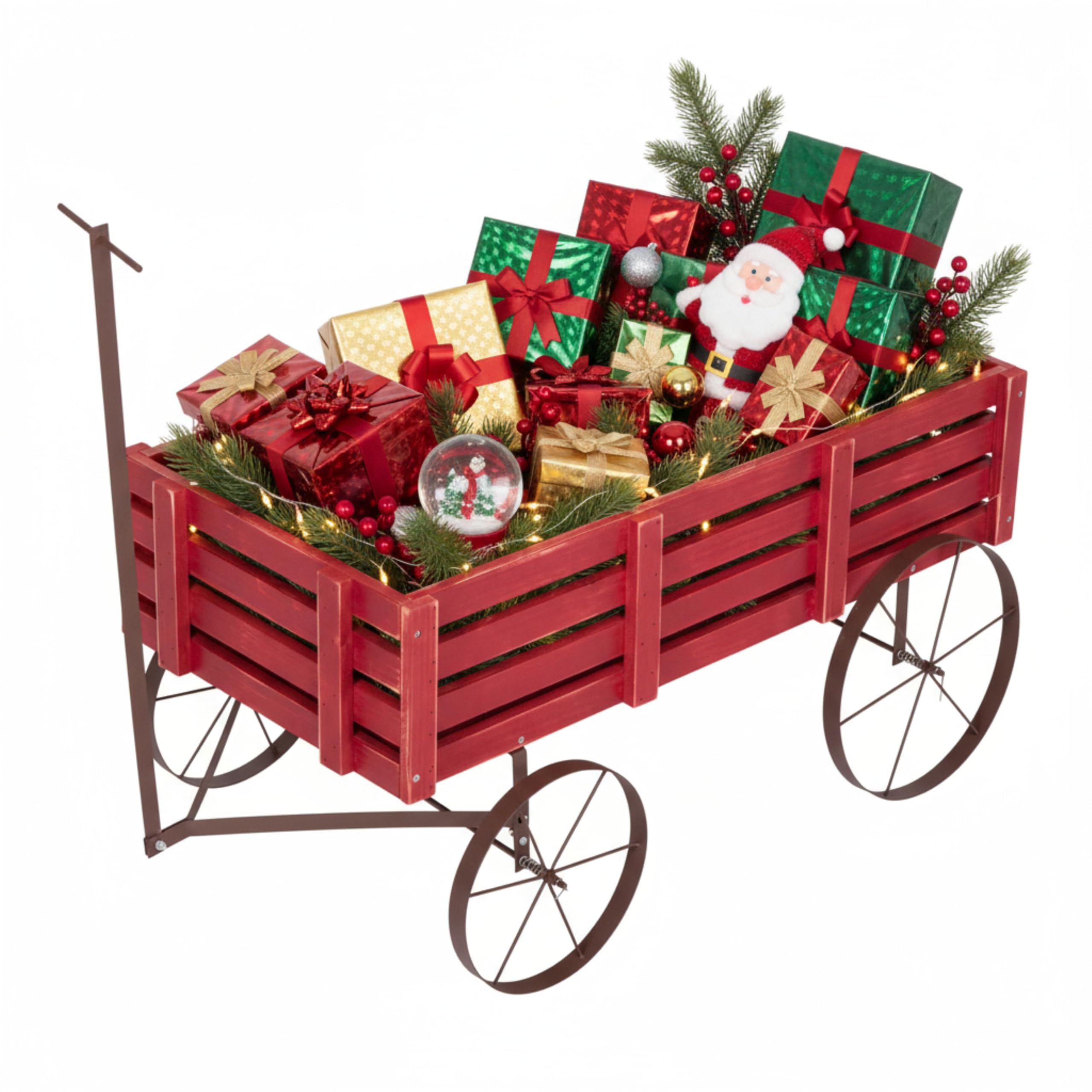Decorative Buckboard Wagon Garden Planter, Wooden Wagon Yard Décor for Outdoor Plants, Red