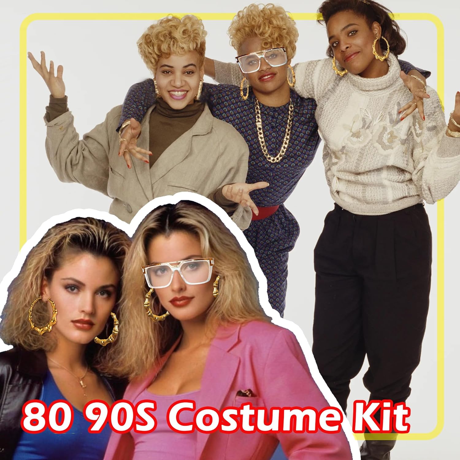 80 90s Accessories Outfit for Woman Hip Hop Costume Kit Old School Rapper Golden Chain Necklaec Big Hoops Jewelry - Image 3