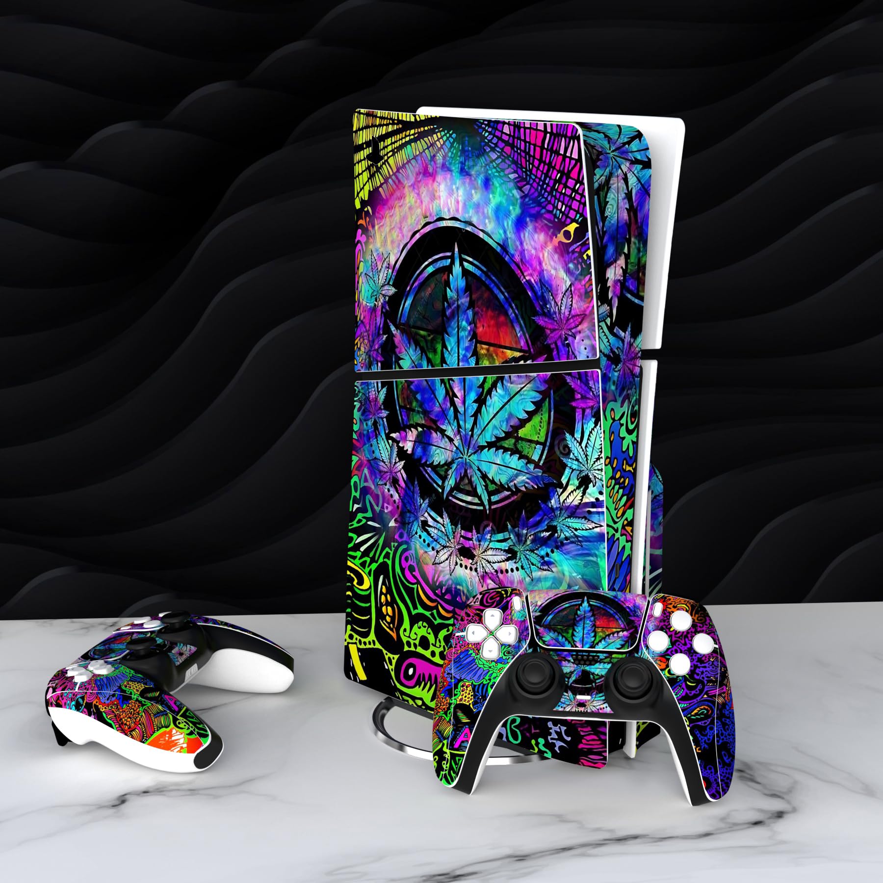 playvital Autocollant Protection pour ps5 Slim Standard Console, Sticker Skin pour ps5 Manette & Télécommande & Casque & Station de Charge,Disc Edition-Feuille Psychédélique