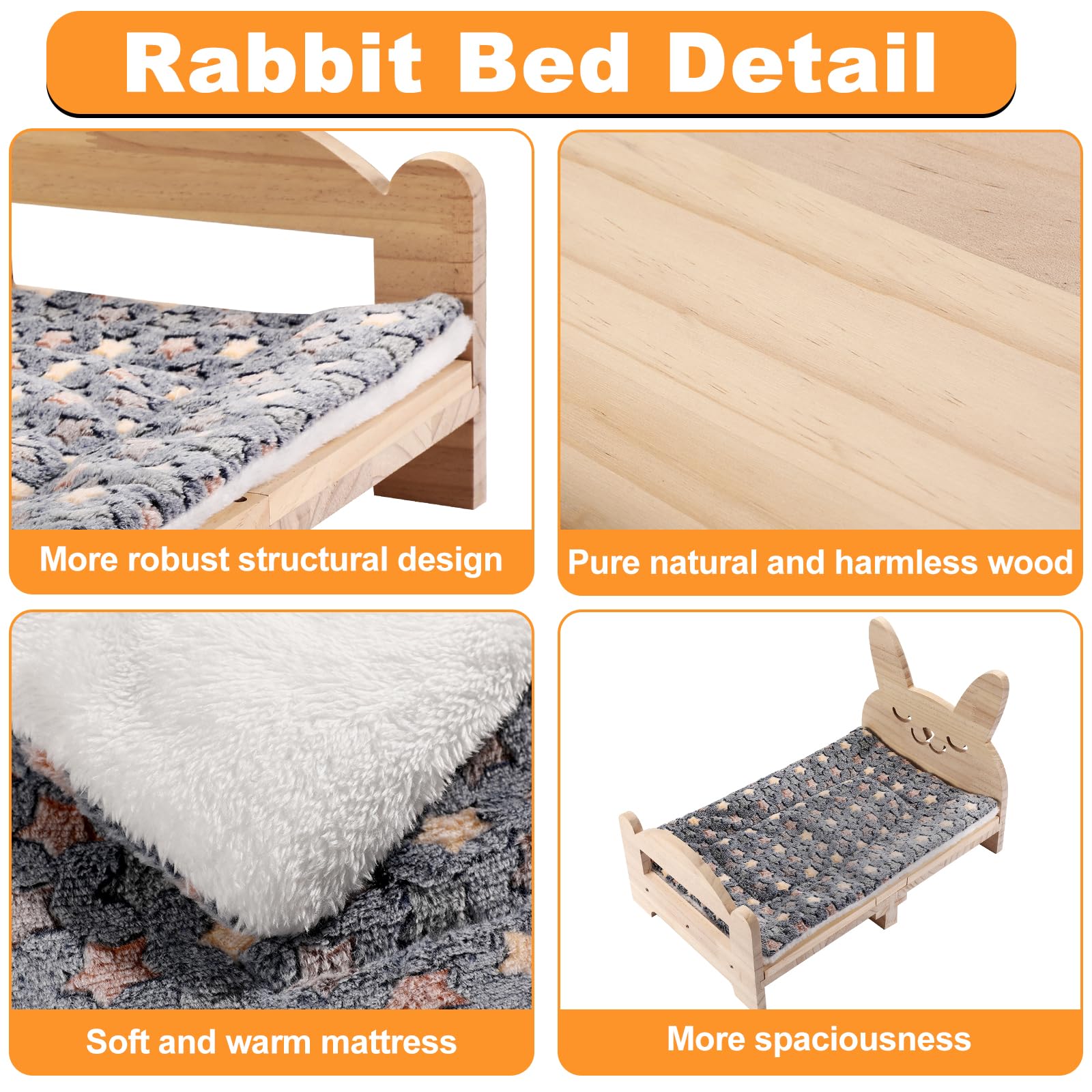 Cama grande de madera para conejos, fácil de montar, cama para mascotas de 20.4 x 12.8 pulgadas con estructura de soporte y cojín extraíble para conejos, cobayas, gatitos y animales pequeños