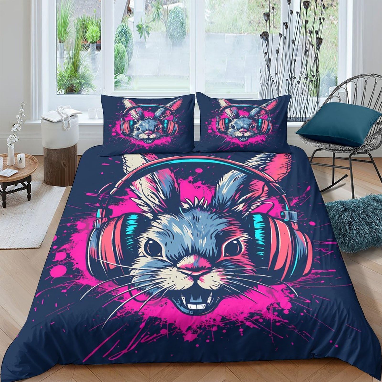Ctjqhvkz Style-5 3D Printed Cool Rabbit Headphone Fitted Sheet Microfiber Soft Breathable Graffiti Cat Bed Cover For Bedroom Dorm Decor Single（135X200cm）