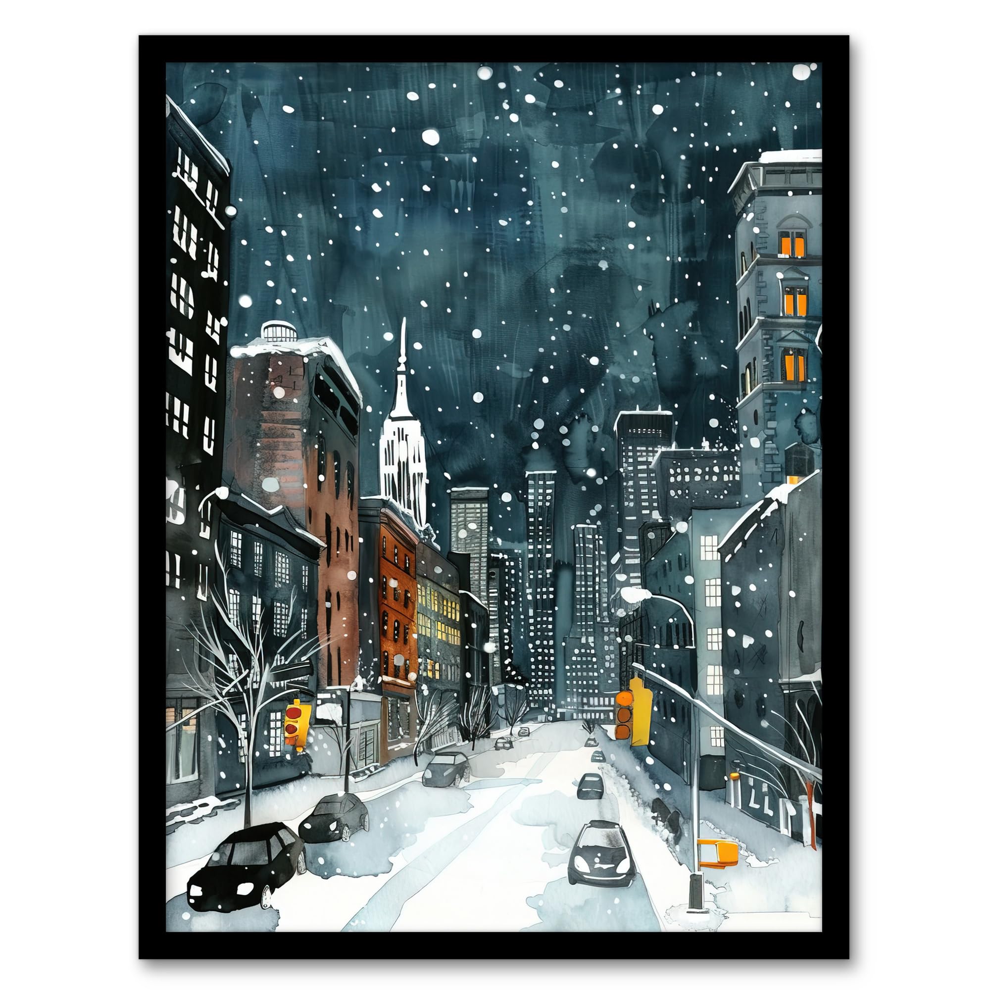 Artery8 Framed Wall Art - New York City Street Winter Night Snow Cityscape - Blue - A4 Size