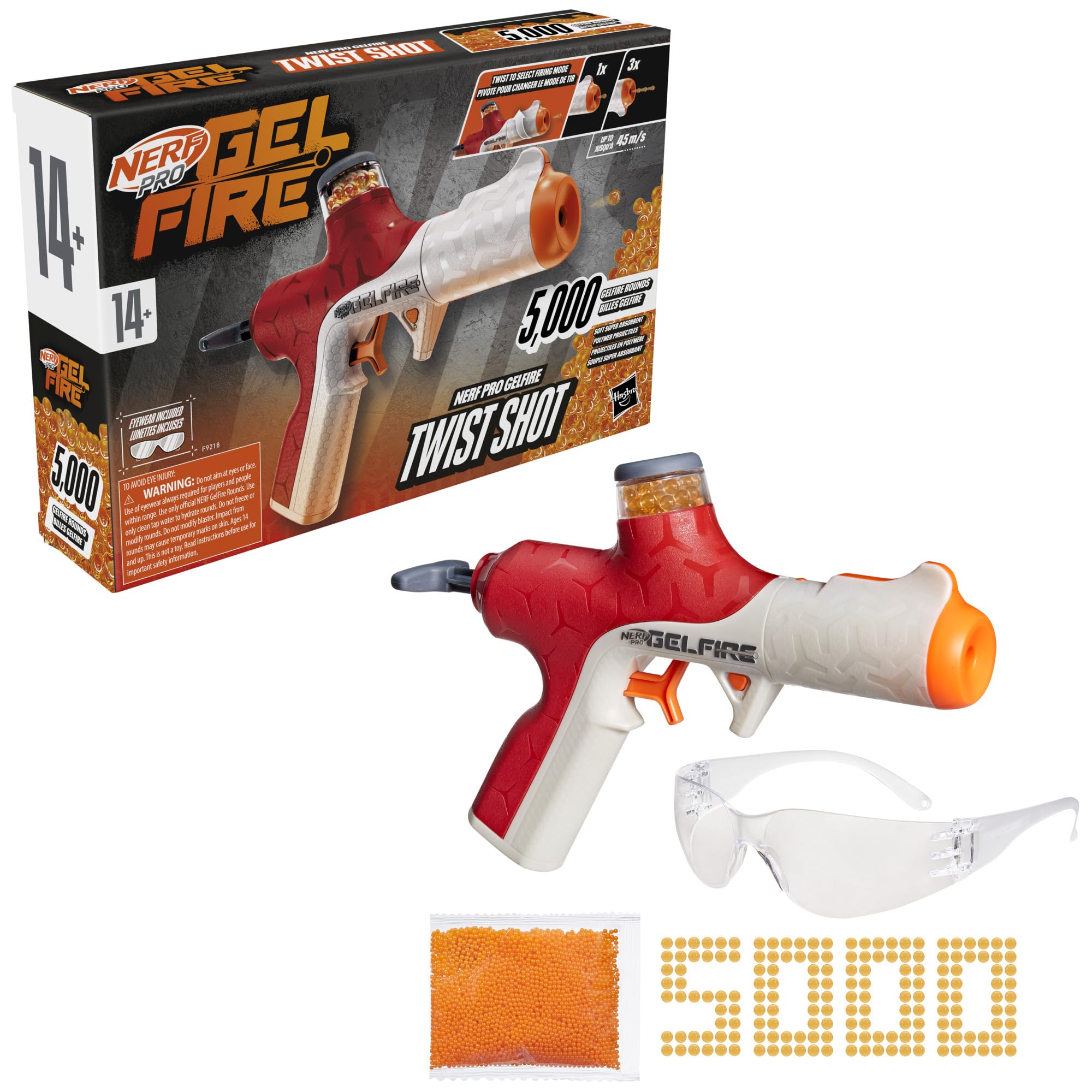 Nerf Pro Gelfire Twist Shot Blaster, 150 FPS, 5.000 cartucce Gelfire, alimentazione T-Pull, caricatore integrato da 80 cartucce, occhiali protettivi per età superiore ai 14 anni