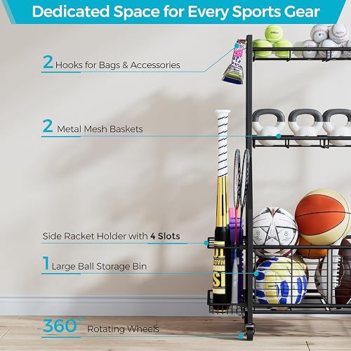 Miniatura 6 de Equipo deportivo y estante de almacenamiento de juguetes con ruedas, organizador de bolas de 3 niveles para bolas, raquetas y equipo deportivo, gran