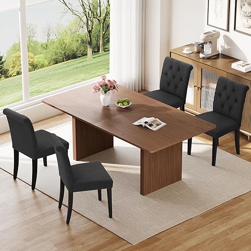 Miniatura 9 de Juego de 4 Sillas de Comedor Tapizadas, Silla de Comedor Parsons con Capitoné de Botones con Patas de Madera Maciza, Silla Lateral de Tela Moderna