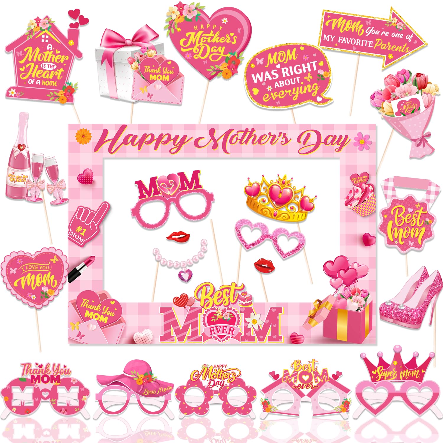 Mothers Day Photo Props,Pink Mother's Day Party Decoration Floral Best Mom Frame Mothers Day Photo Booth for Happy Mothers Day Party Supplies