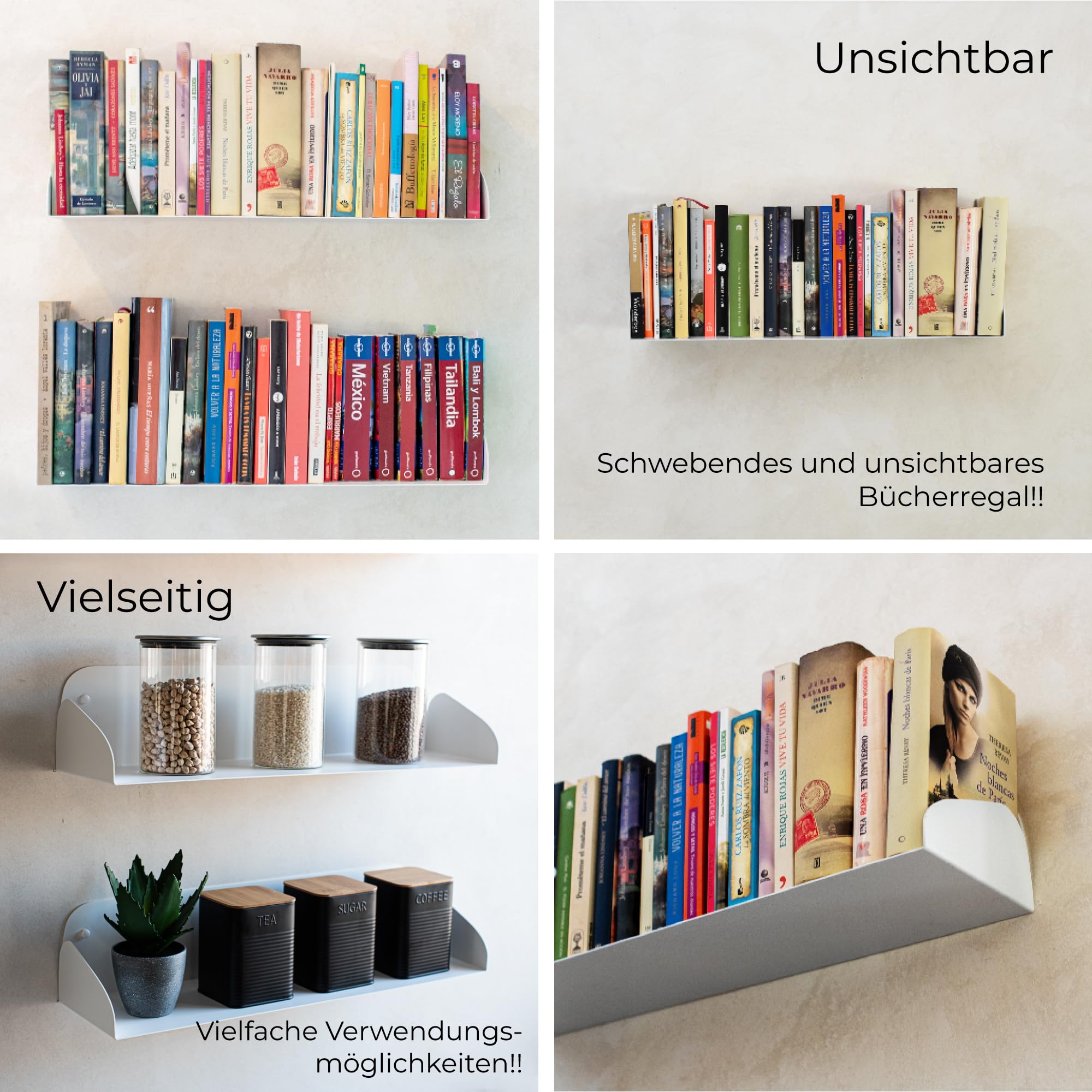 MILUKA Schwebendes Bücherregal Wand 2er Set, 60 cm, modular kombinierbar | Stabile Wandregal Weiß Metall mit Schwebender Bücher-Effekt, Modernes Schweberegal für Wohnzimmer, Küche & Büroregal