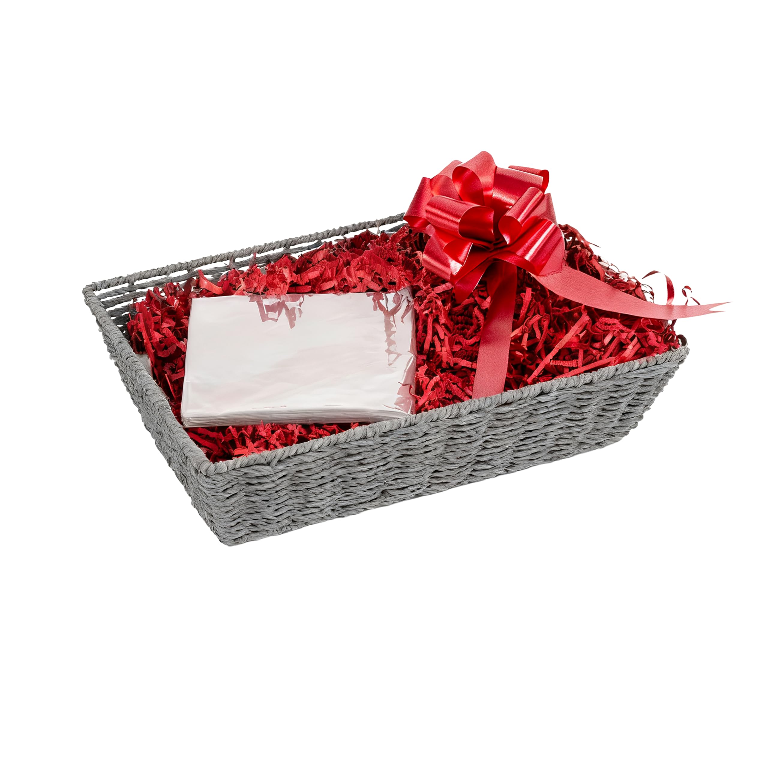 Wickerfield Gift Hamper Basket Kit with Shredded Paper, Make Your Own Gift Hamper, Paper Rope Storage Organiser, Woven Wicker Basket (Grey Basket, Red Filling)