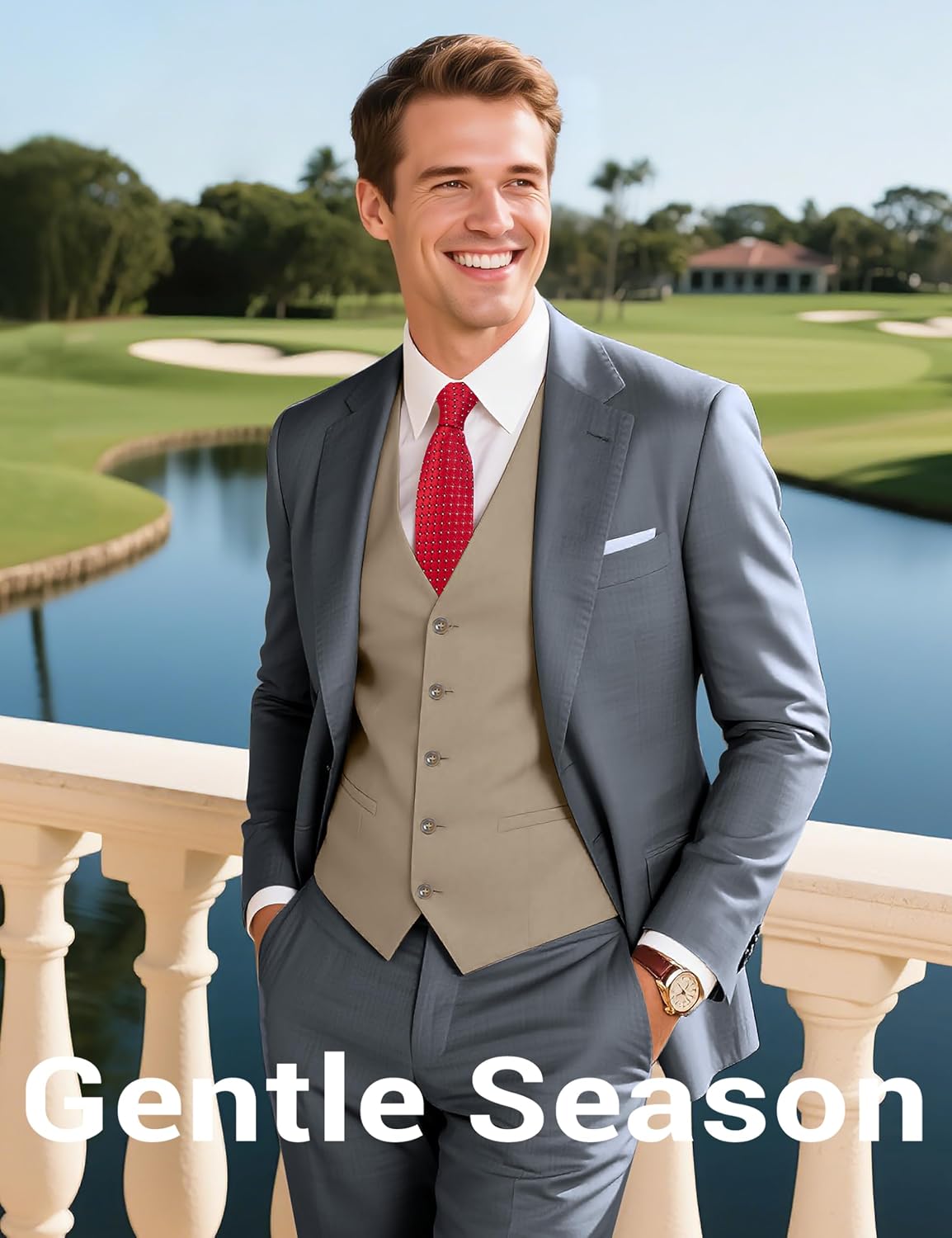 Men's Suit Vest Slim Fit Formal Dress Waistcoat with Tie 3 Pockets Casual Business Khaki Vests for Men Size M