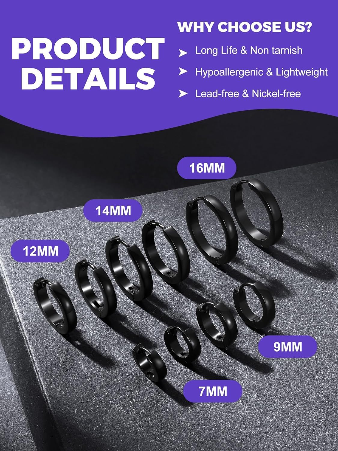 Classic 3/4/5 Pairs Small Hoop Earrings for Men Women Gold/Silver/Black Stainless Steel Huggie Hoop Earring Hypoallergenic Piercing Jewelry Set 7/9/12/14/16mm - Image 7