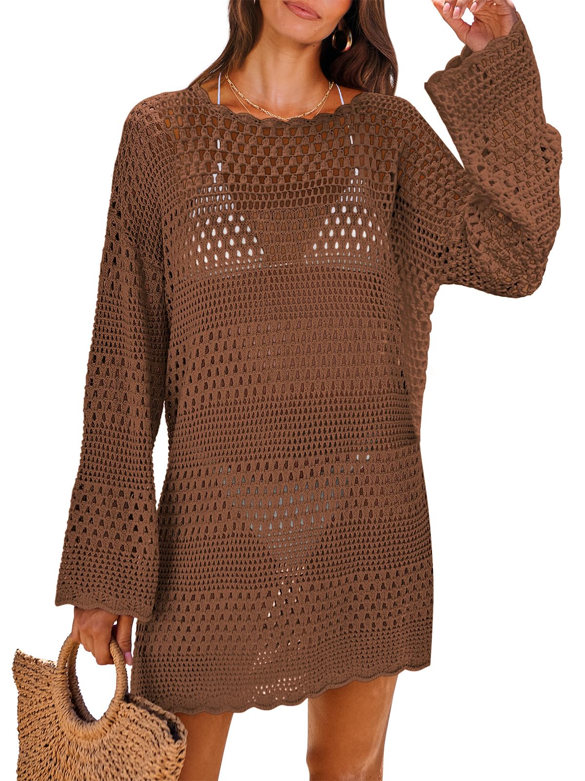 ANRABESS Women Swimsuit Cover Up Beach Crochet Bathing Suit Mini Dress