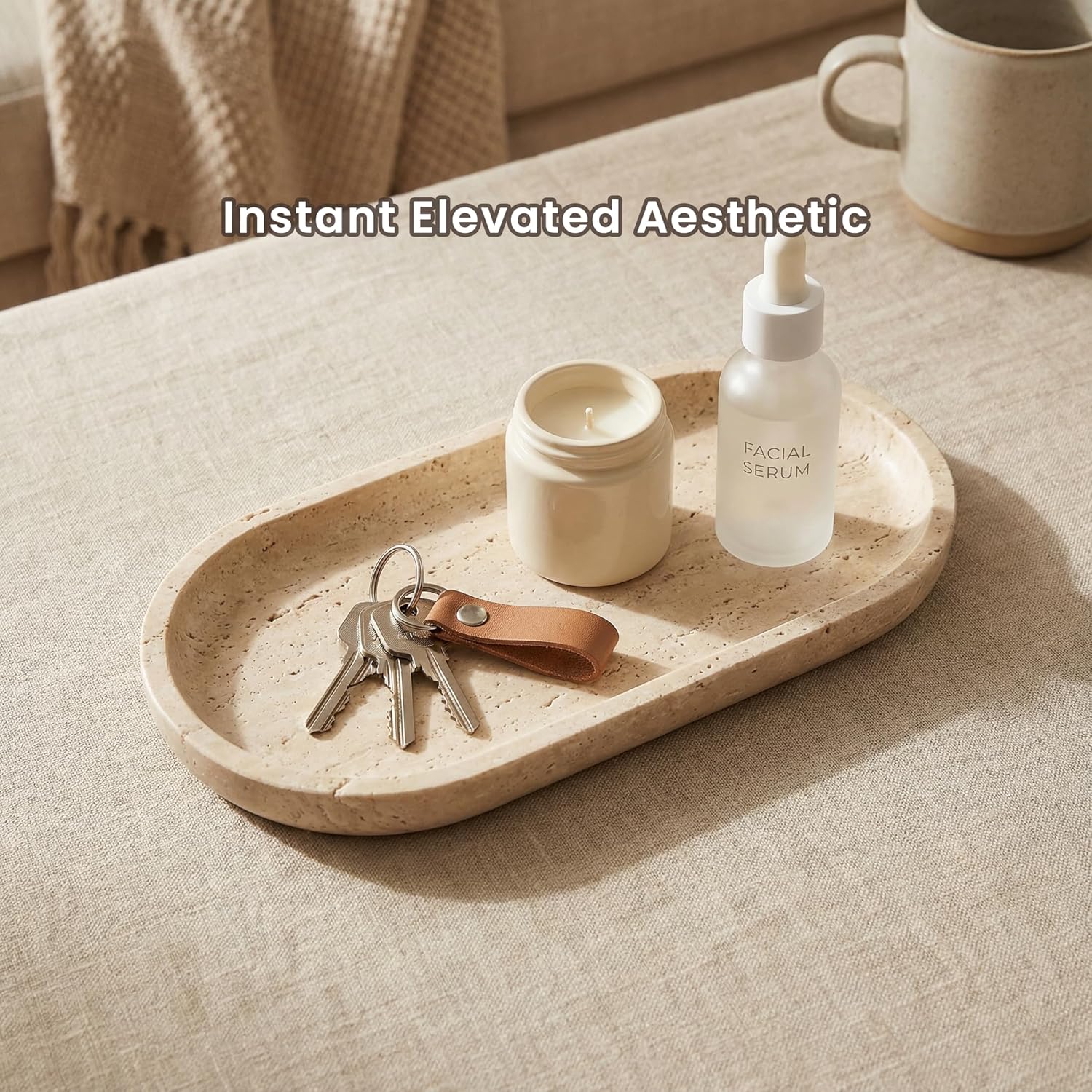 10 x 5 Inch Beige Natural Travertine Tray a Decorative and Catchall Organizer for Marble Vanity and Bathroom Countertop for Jewelry Perfume and Candles