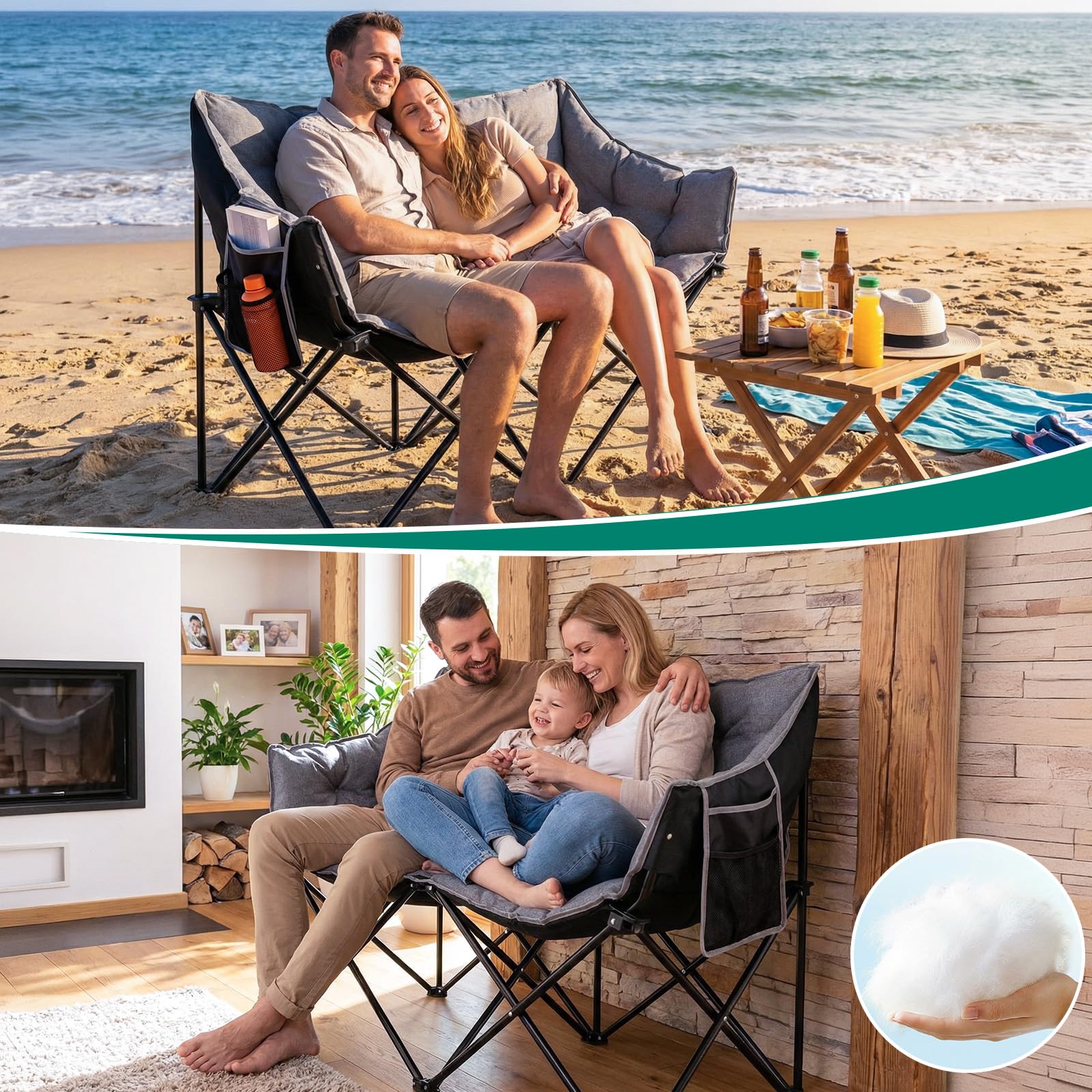 LIFERUN Campingsofa für 2 Personen 320KG, Camping Sofa mit 2 Sitzer, Grau | Doppel Campingstuhl Faltbar, Campingsessel Gepolstert, Rückentasche, Lagerungstasche, Seitentasche, für Outdoor,Angeln,Strand