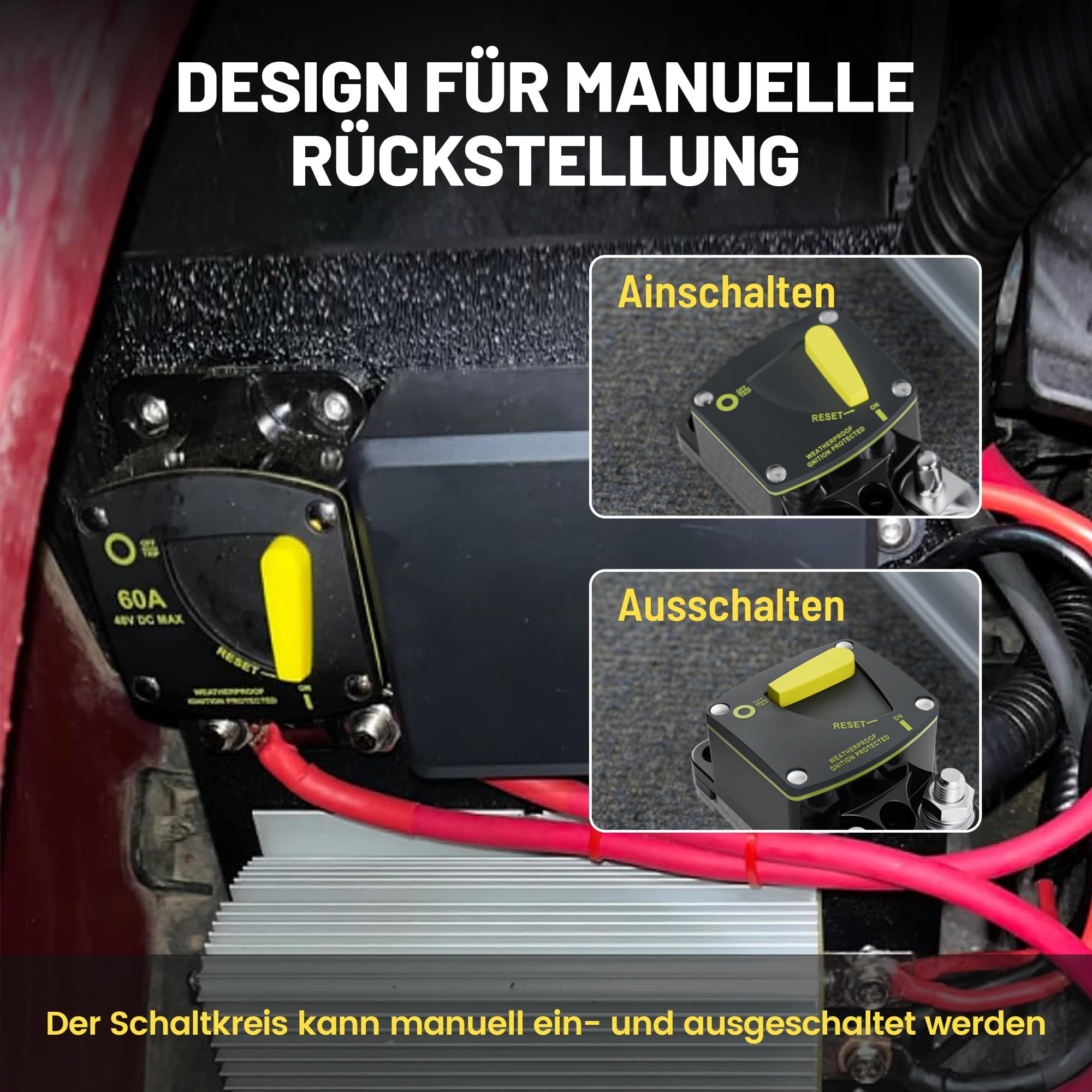 RED WOLF 100A Schutzschalter DC 12V 48V, kfz Sicherungsautomat 100 Ampere Automatische Sicherung für Auto LKW Boot Stereo Autobatterie Sicherungshalter mit Manueller Reset