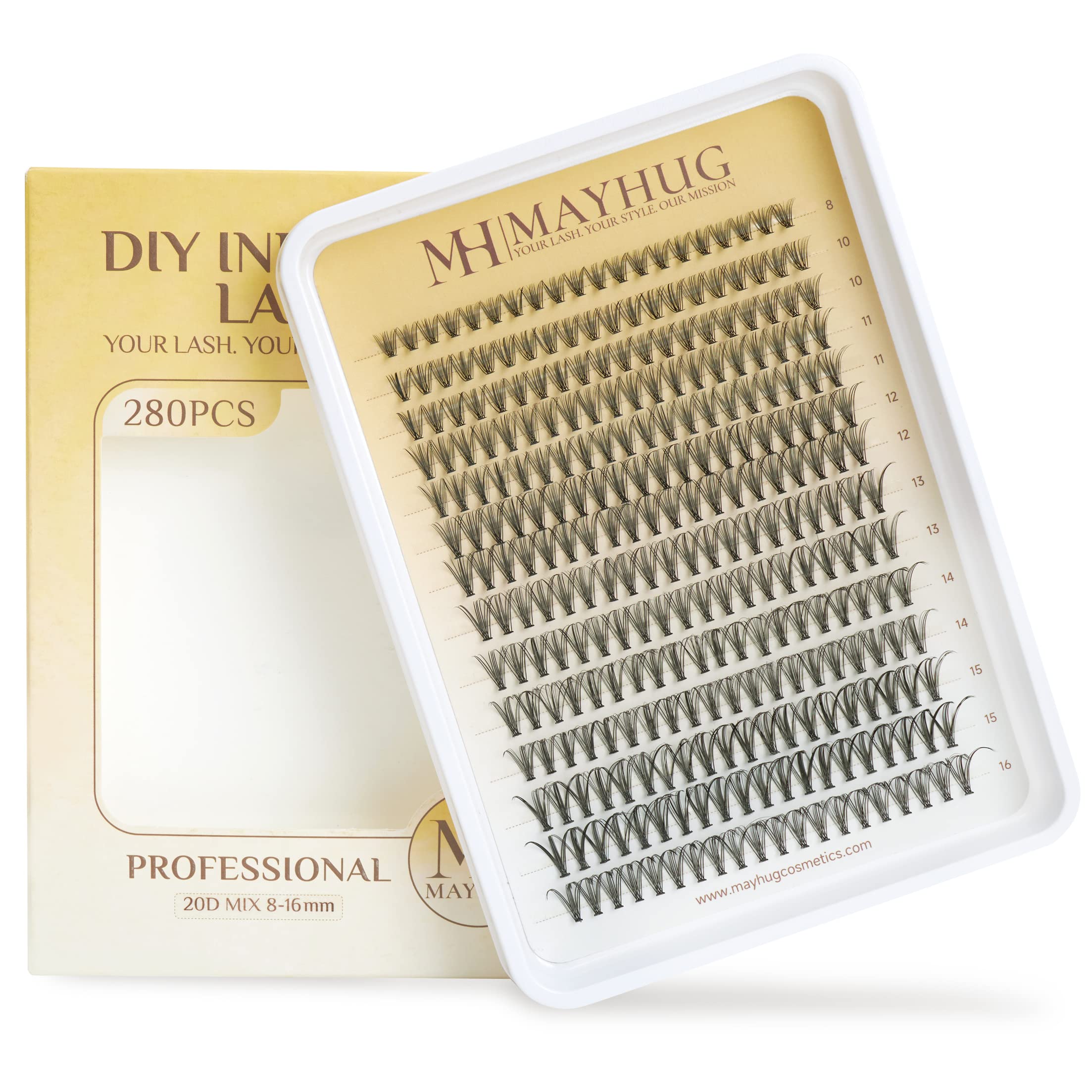 Cluster Lashes 280Pcs Individual Lashes 20D, D Curl Mix8-16mm Lash Clusters, Lash Extension Clusters DIY False Eyelashes Extension at Home (20D, 0.05D, 8-16MIX)