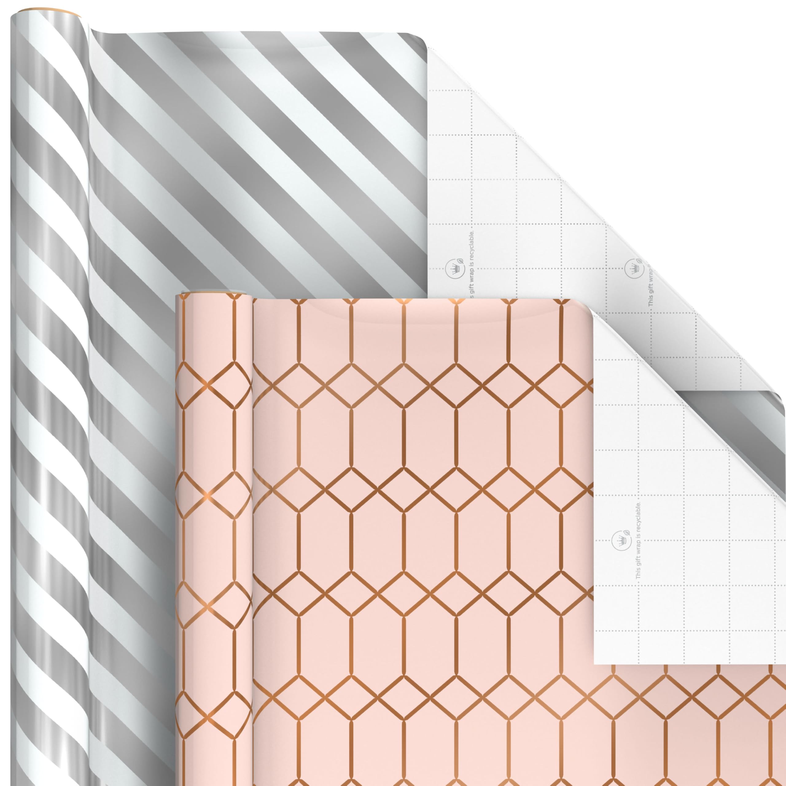 Hallmark Geschenkpapier mit Schnittlinien auf der Rückseite, 6 Rollen, 180 m² insgesamt, weiß und silberfarben, Mintgrün, goldfarbene Herzen und Blumen, für Hochzeiten, Brautpartys, Geburtstage