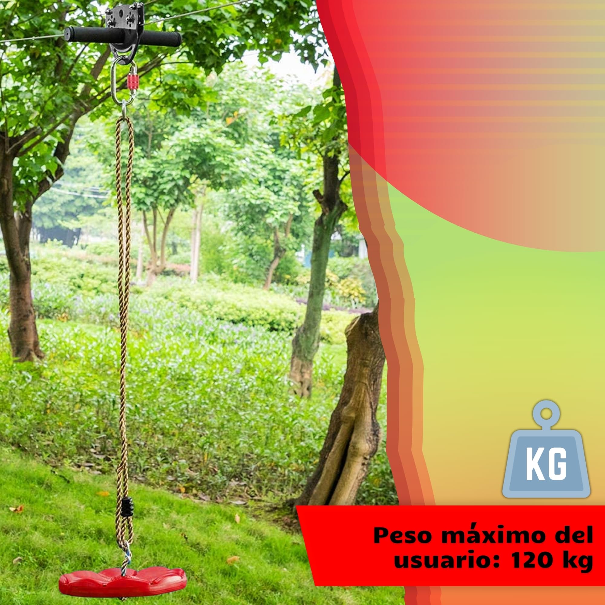 SPRINGOS Tirolín de 30m para niños - Set de teleférico Zipleine con carro deslizante, asiento, freno de seguridad y protección para árboles - hasta 120 kg - Equipo de escalada para exterior