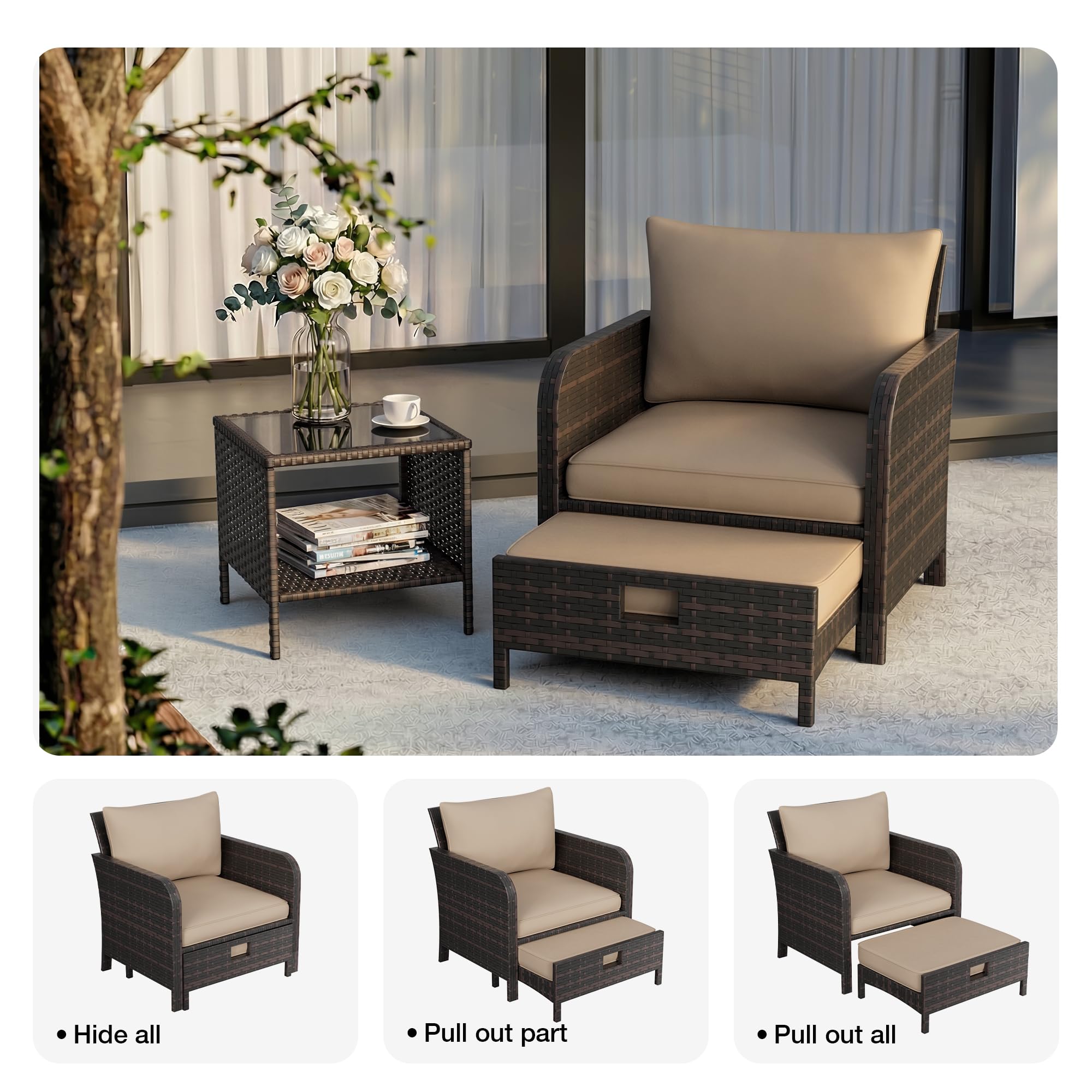 LEVELEVE Patio Conversation Set 5 Piece, Balcony Furniture Outdoor PE Rattan Wicker Lounge Chairs with Soft Cushions, 2 Ottomans & Glass Table for Porch Lawn, Brown (Khaki Cushions — view 7
