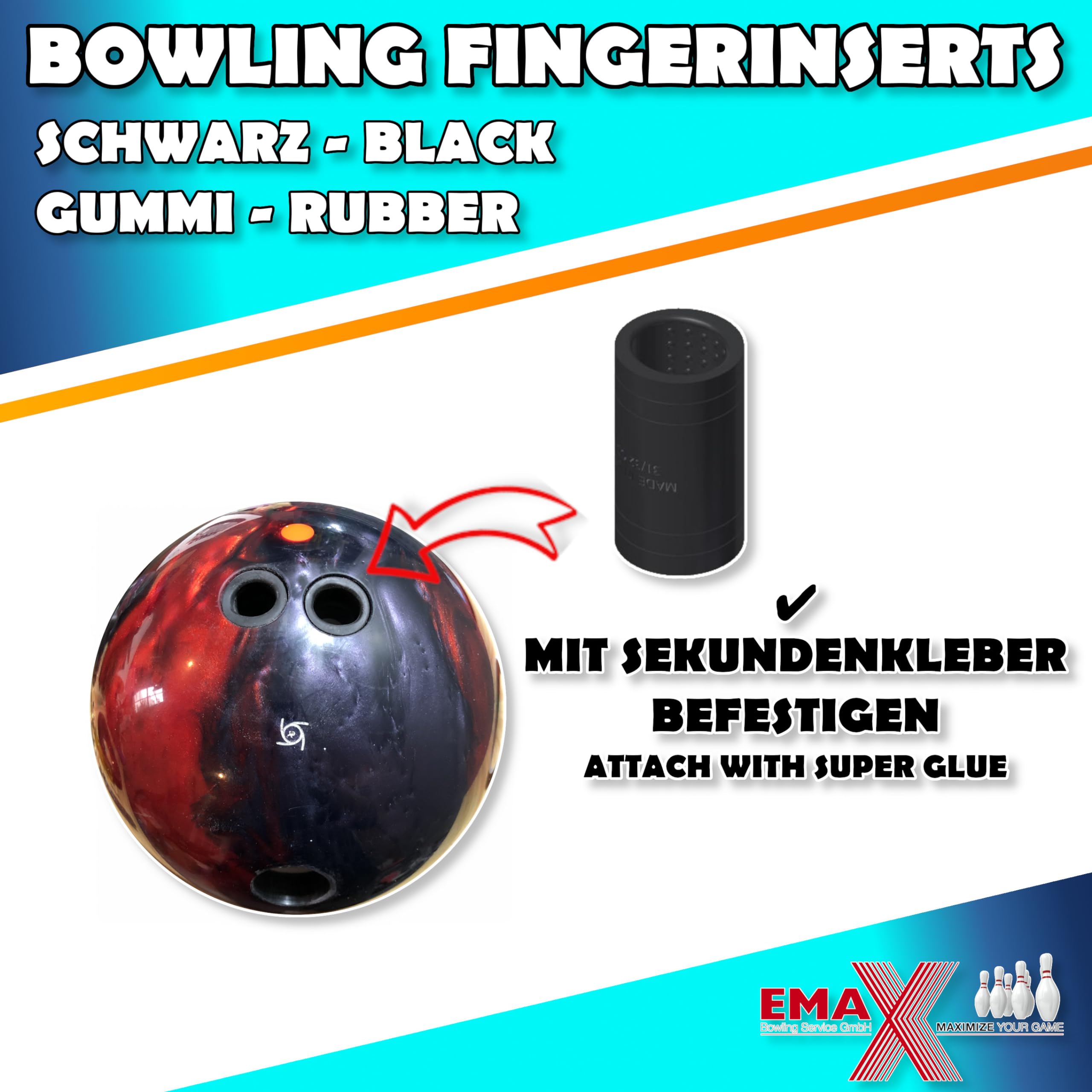 EMAX JoPo Grips Inserts de bowling Power ovale/ovale Nub - Lot de 2 inserts de doigts avec picots - Noir