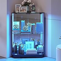 TAGELIER Corner Curio Cabinet with Glass Doors, LED Lights & Charging Station - 2-Tier Storage Display for Living Room Bedroom Kitchen, Black