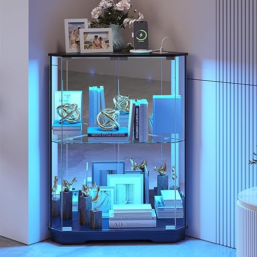 Corner Cabinet with Glass Doors, Small Storage Cabinet with LED