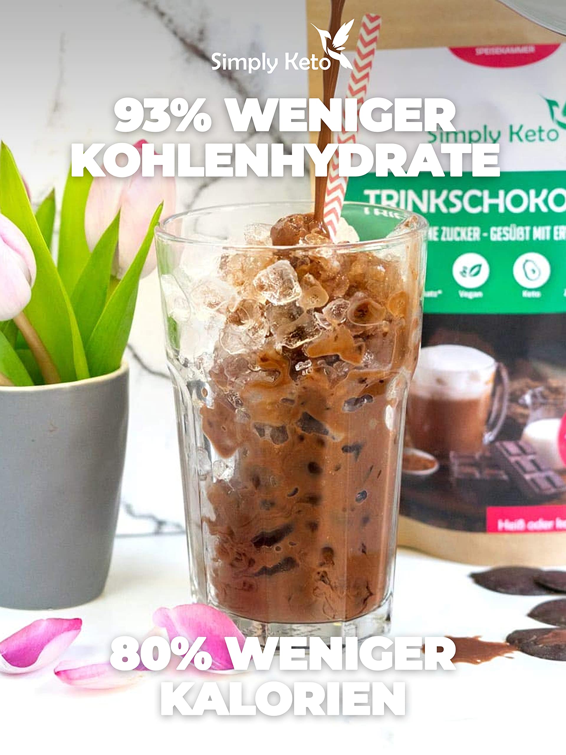 Simply Keto Chocolate para beber sin azúcar 700g Cacao en polvo 42% cacao Endulzado con Eritritol-Stevia