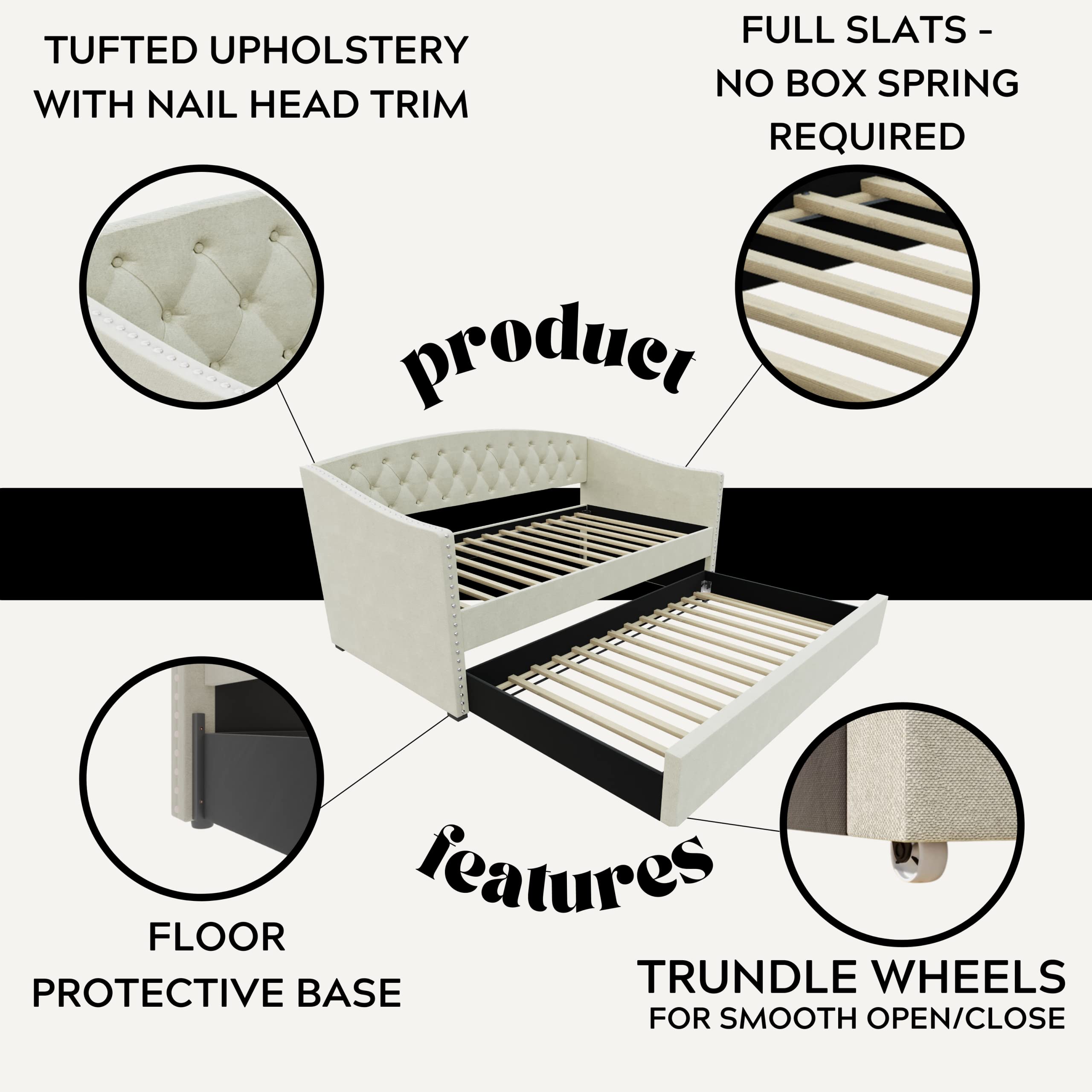 DG Casa SUVA Traditional Upholstered Daybed with Trundle Platform Frame