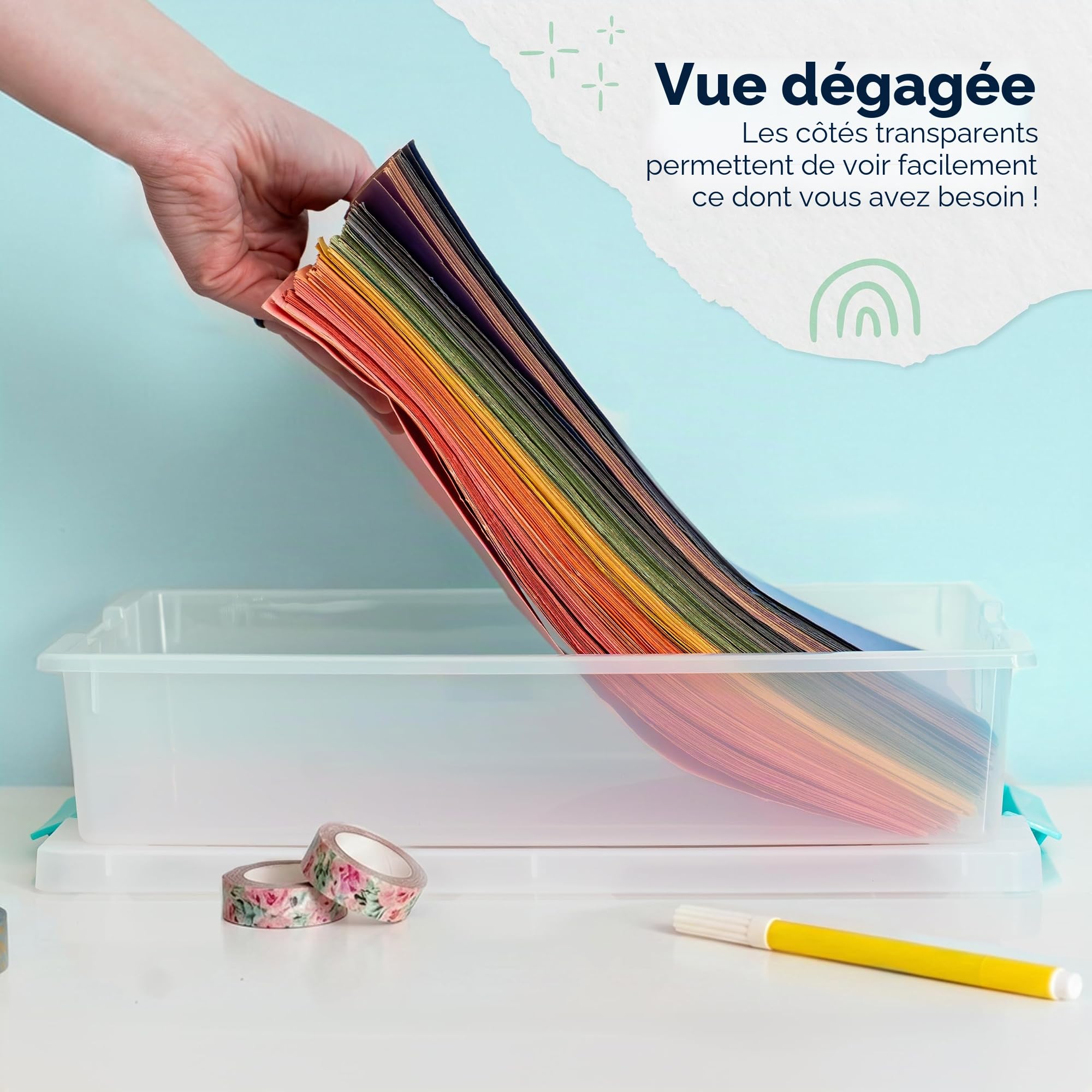 IRIS USA Lot de 4 bacs avec couvercles, boîte à clip, organisation et récipient de rangement pour bureau, école, enfants, salle d'artisanat, 6 litres, transparent/bleu écume de mer