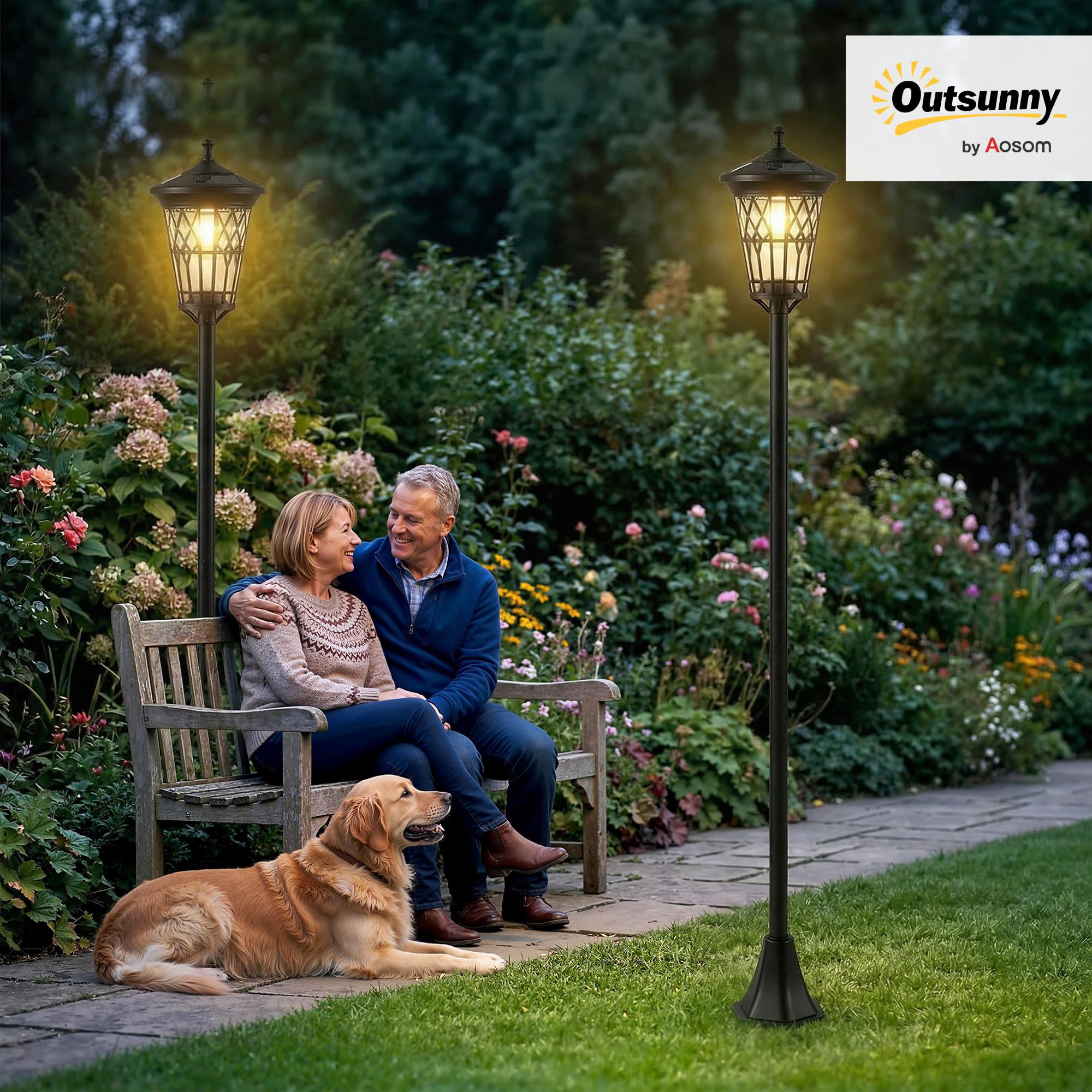 Outsunny Set de 2 Farolas Solares de Jardín, Luces Solares de Exterior de Acero Inoxidable con Altura Ajustable, 2 Modos de Brillo, IP44 Impermeable, para Terraza, Patio, 23,5x23,5x186 cm, Negro