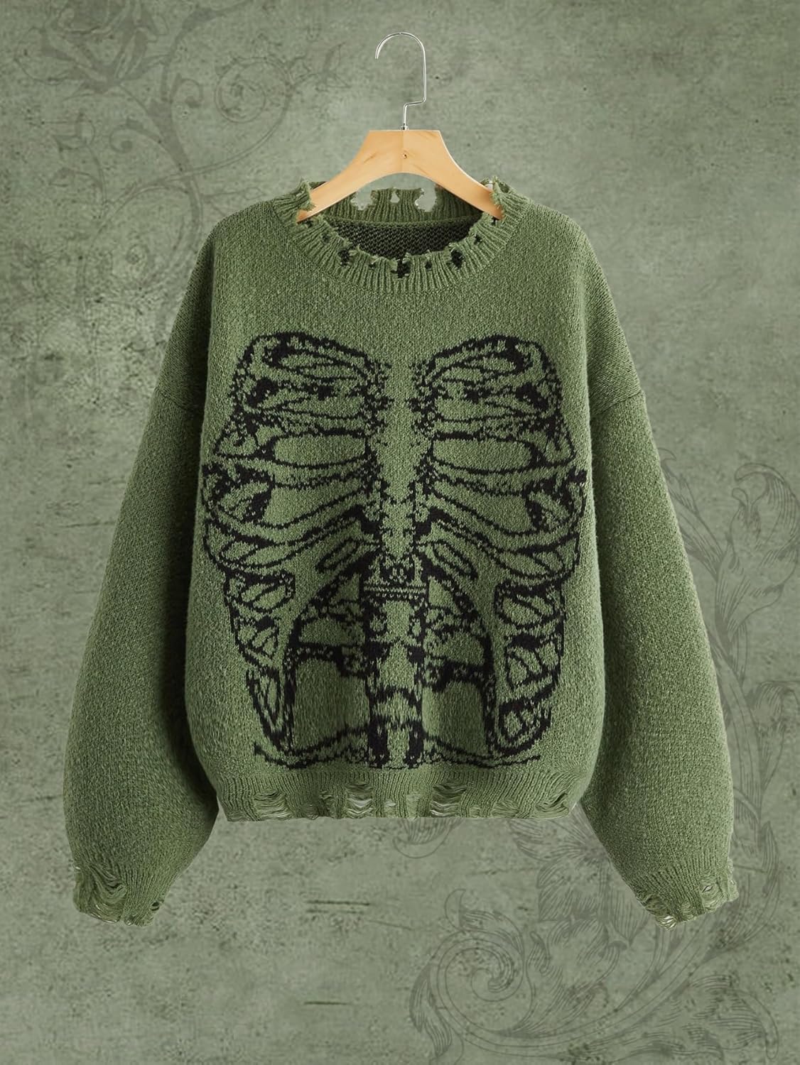 SHENHE Women's Oversized Skeleton Pattern Ripped Round Neck Sweater Pullover - Image 3