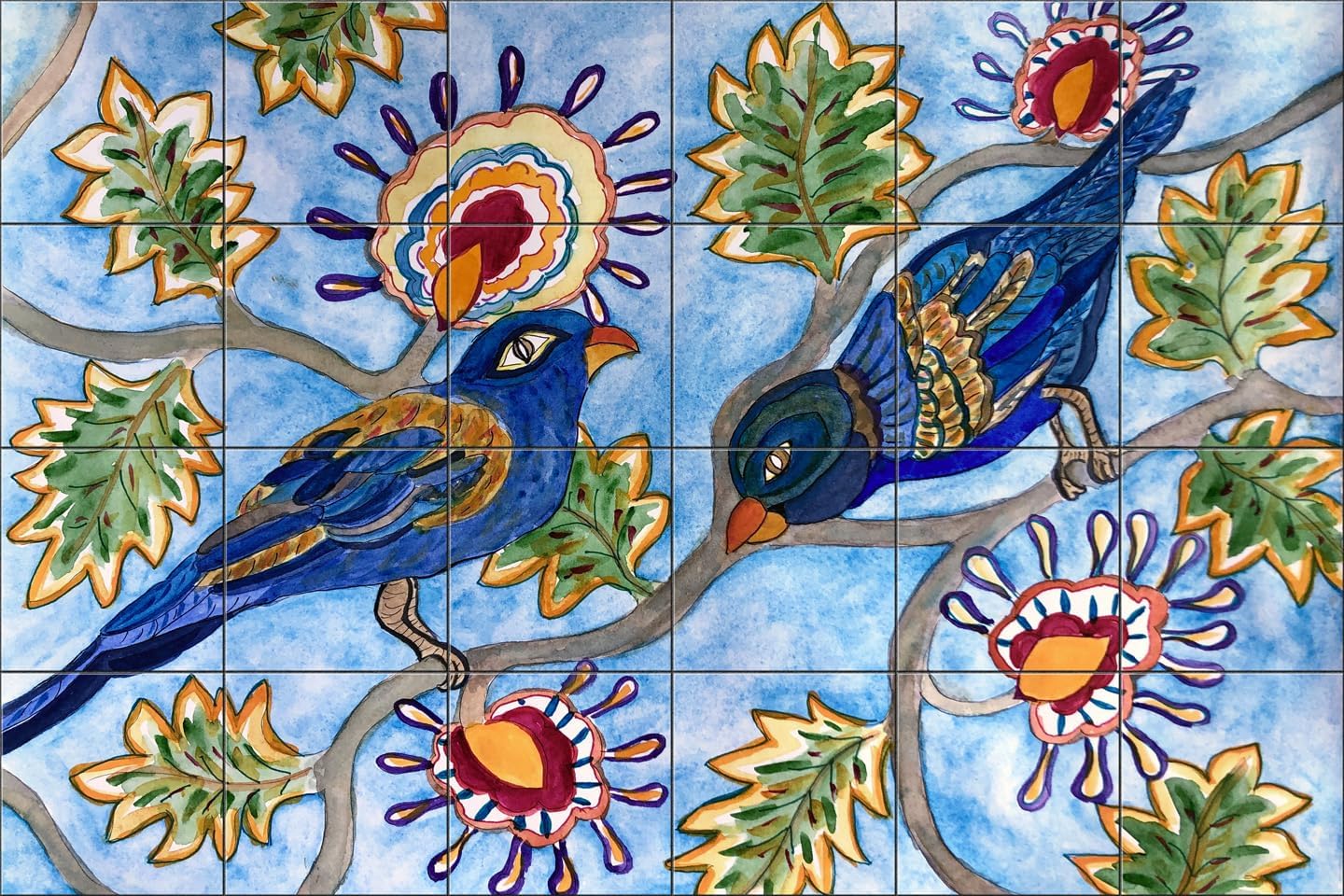 Birds in The Vine 2 by Becki Thomas Tile Mural Backsplash – Satin Finish Ceramic Wall Art – Colorful Birds & Leaves Design – Kitchen, Bathroom, Fireplace Decor (36" x 24" Using 6" Tile)