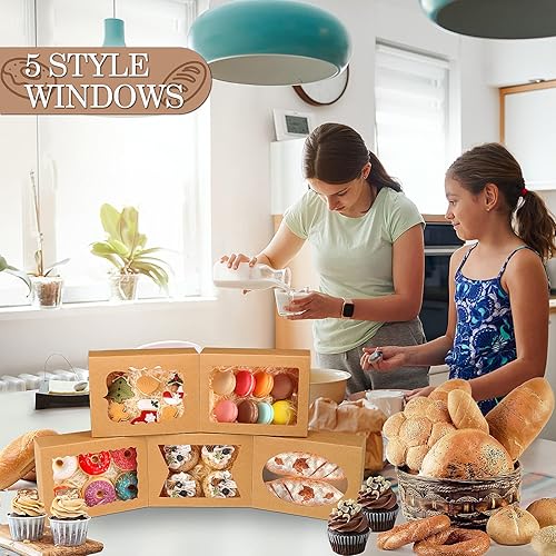 Miniatura 5 de KPOSIYA 65 cajas de galletas de 8 x 6 x 2.5 pulgadas con ventana, cajas de pastelería marrones para regalo, golosinas, postres, cupcakes, chocolate,