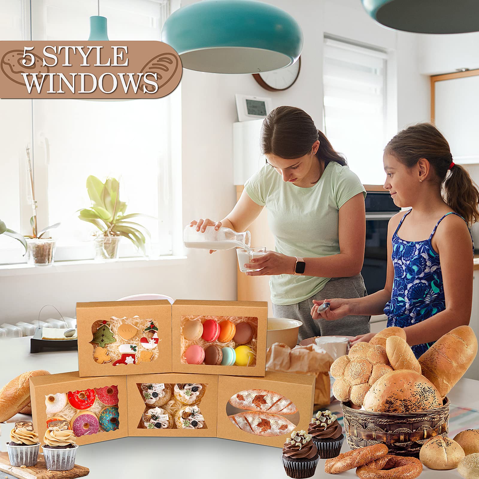 KPOSIYA 65 cajas de galletas de 8 x 6 x 2.5 pulgadas con ventana, cajas de panadería marrones para regalo, golosinas, postres, cupcakes, chocolate, fresas, donas, magdalenas (5 ventanas de estilo)