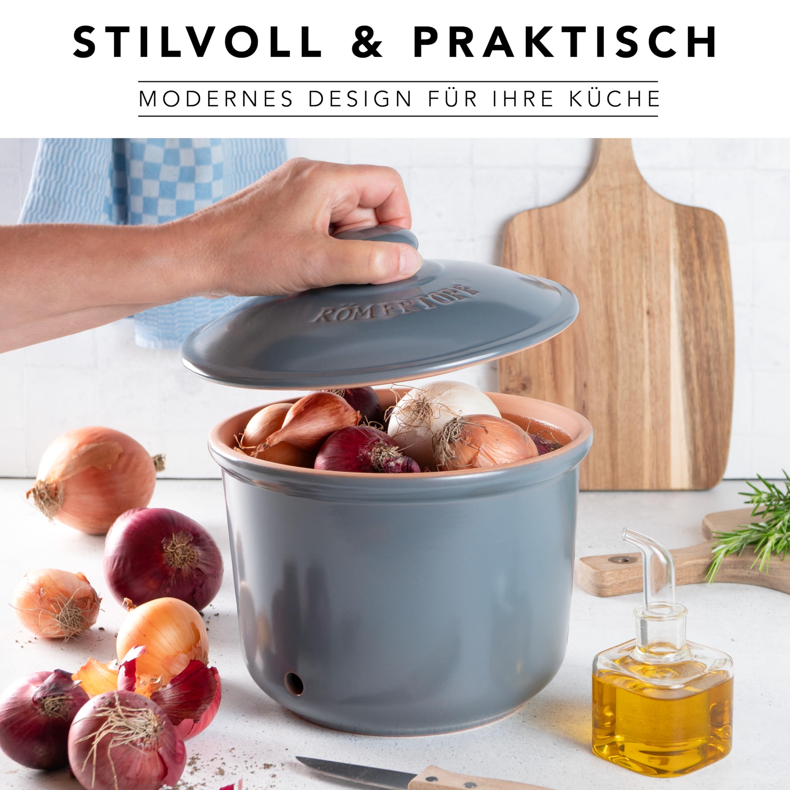 Römertopf MAXI – Olla de cerámica para cebollas y verduras, 2,8 L, transpirable y ventilada, base esmaltada, apta para lavavajillas, gris y azul
