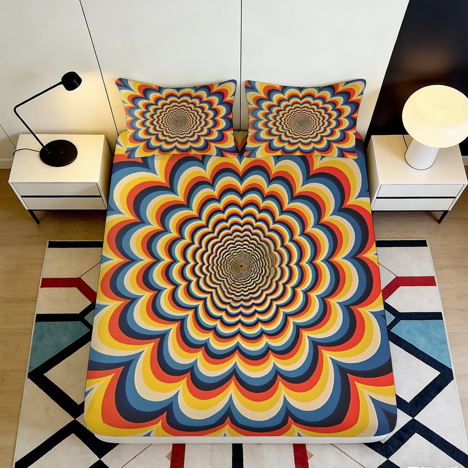 3D Printed Spiral Design Fitted Sheet Microfiber Deep Pocket Non-Slip Bedroom Spiral Mattress Fitted Cover 160x200x25cm