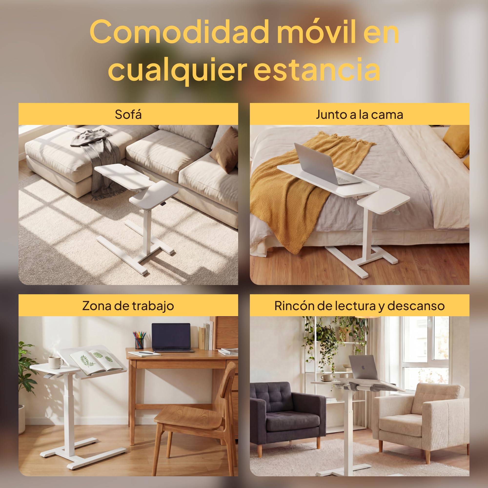 VIVIENDO Mesa Auxiliar para Cama con Ruedas, Blanco, Regulable en Altura 68–108 cm con Pistón de Gas, Mesa para Ordenador Portátil con Tablero Inclinable, para Cama, Sofá y Oficina, 70 x 40 cm