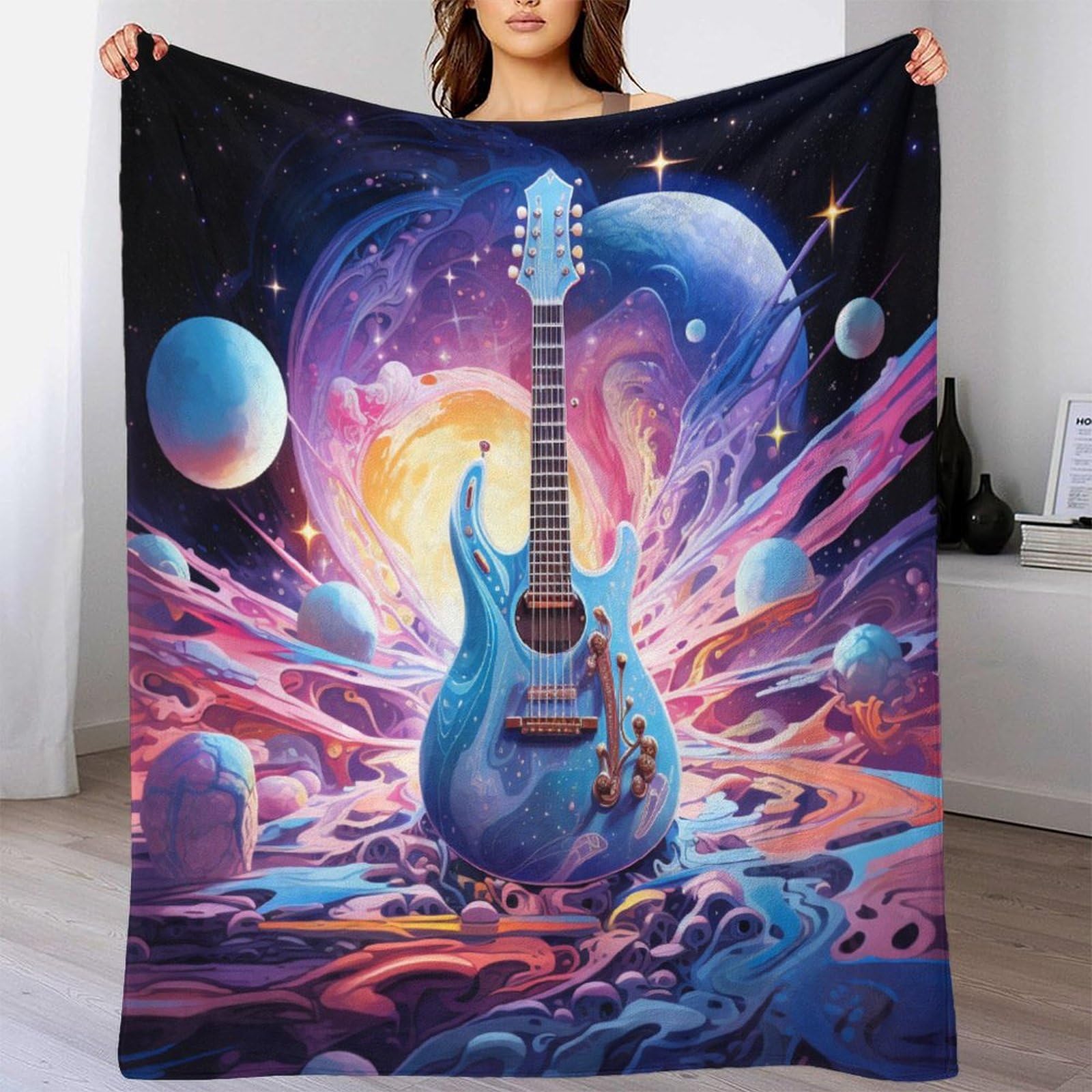 Koc 3D na gitarę, dla dzieci, dorosłych, miękki, flanelowy, do pokoju dziecięcego, łóżeczka, przytulny, ciepły, puszysty, narzuta, prezent z nadrukiem, dla noworodka i malucha, 200 x 230 cm