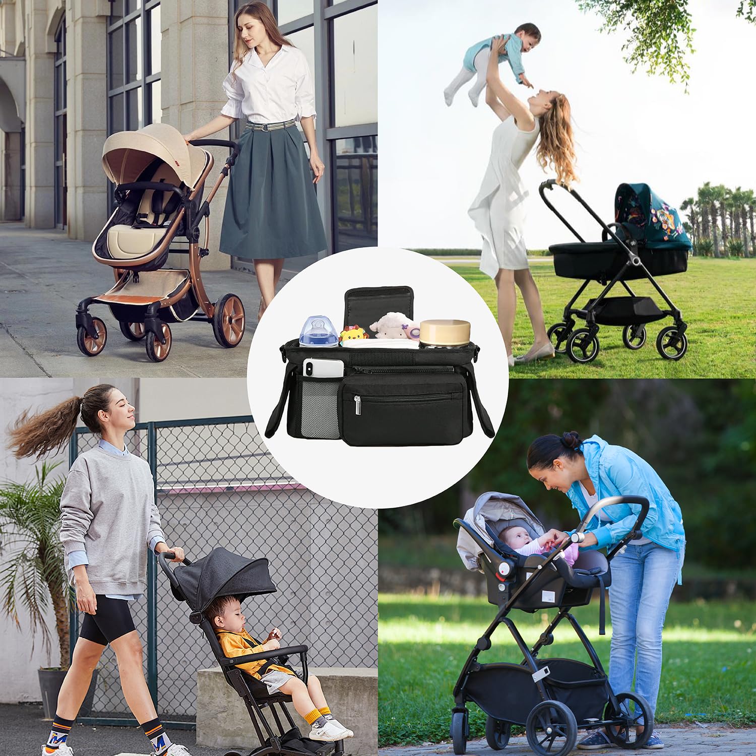 Organizador de cochecito universal con portavasos aislado, portavasos, bolsa para cochecito Accesorios para niños con bolsillo con cremallera, correa para todos