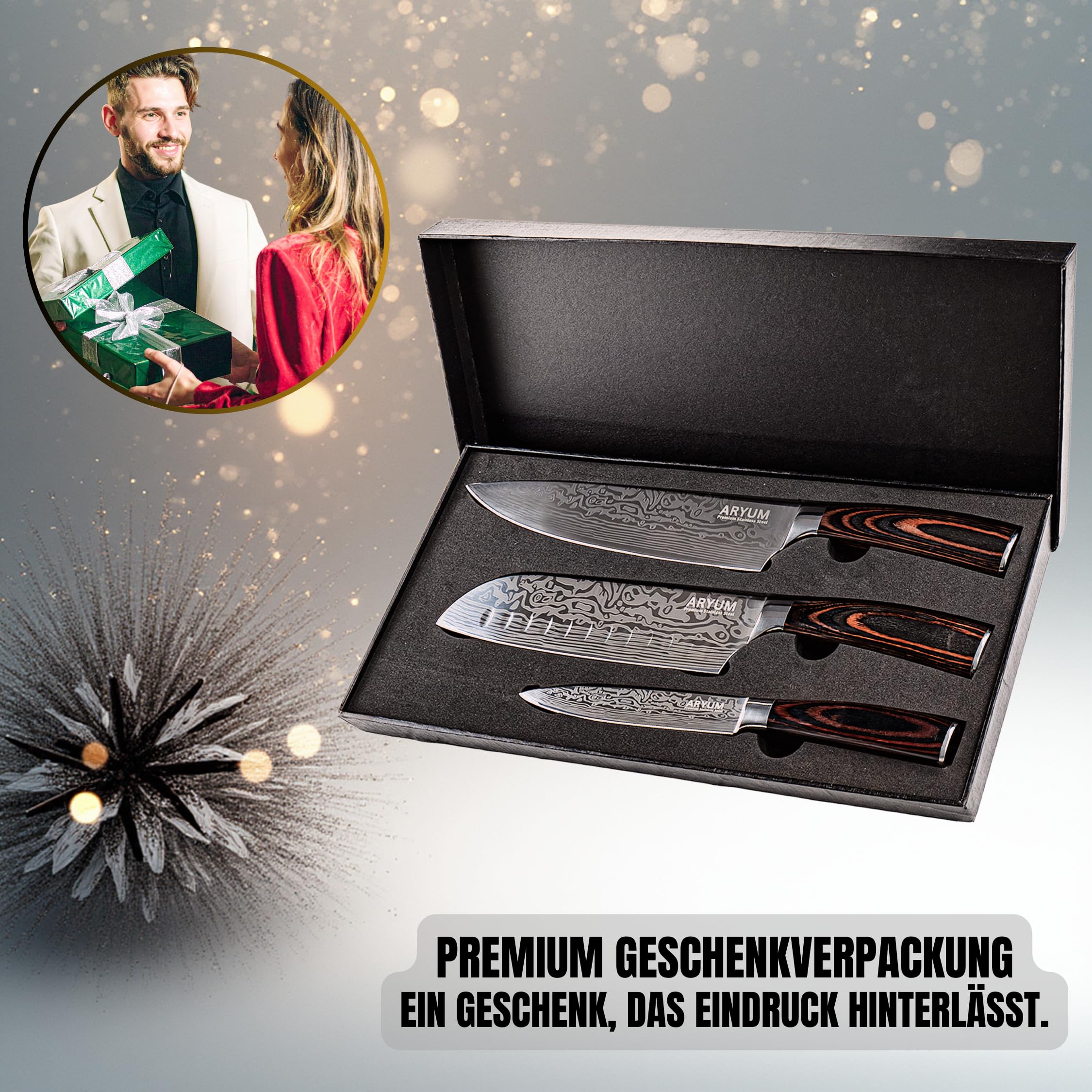 Aryum Messerset, 3-teiliges Küchenmesser Set aus hochwertigem deutschem Edelstahl 1.4116, Kochmesser Set mit Chefmesser Santokumesser Allzweckmesser. Scharfes Messer Set mit Pakkaholz Griff