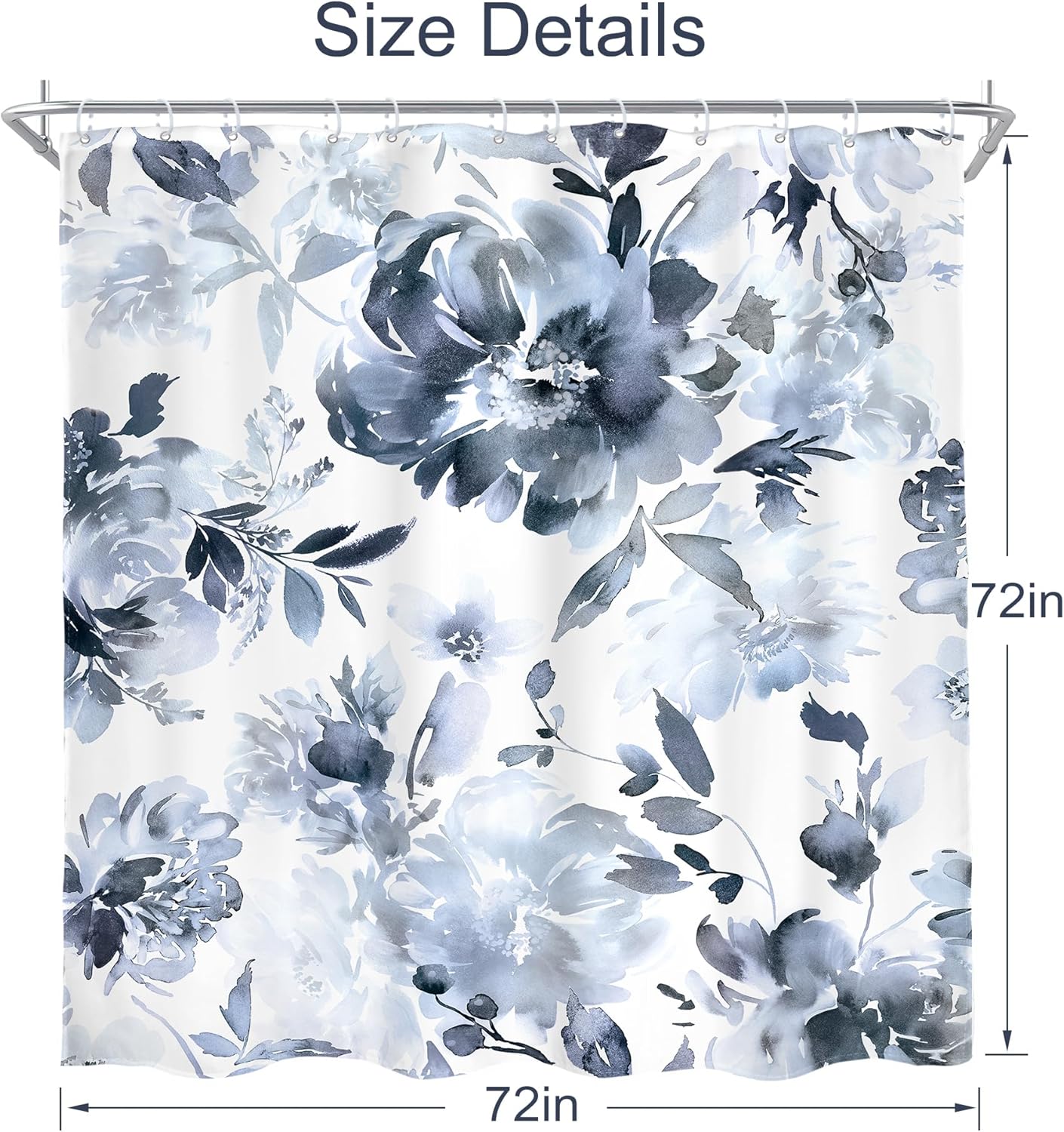 AMBZEK Blue Floral Shower Curtain 72Wx84L Inch Navy Flowers Watercolor Peony Leaves Modern Woman Nature Extra Long Artwork Cloth Fabric Waterproof Polyester Bathroom Decor Set with 12 Pack Hooks