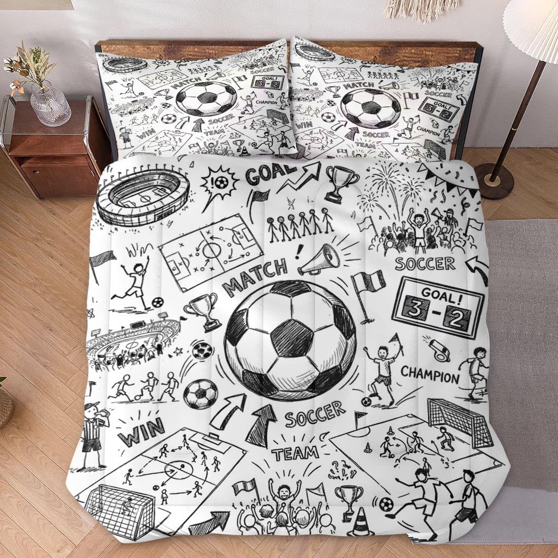 WeCozy Comforter Set Queen Size Comforter Set with 2 Pillowcases, Soccer Game Ball Cup Painting Soft 3 Pcs Bedding for Kids and Adults Bedroom Bed Decor