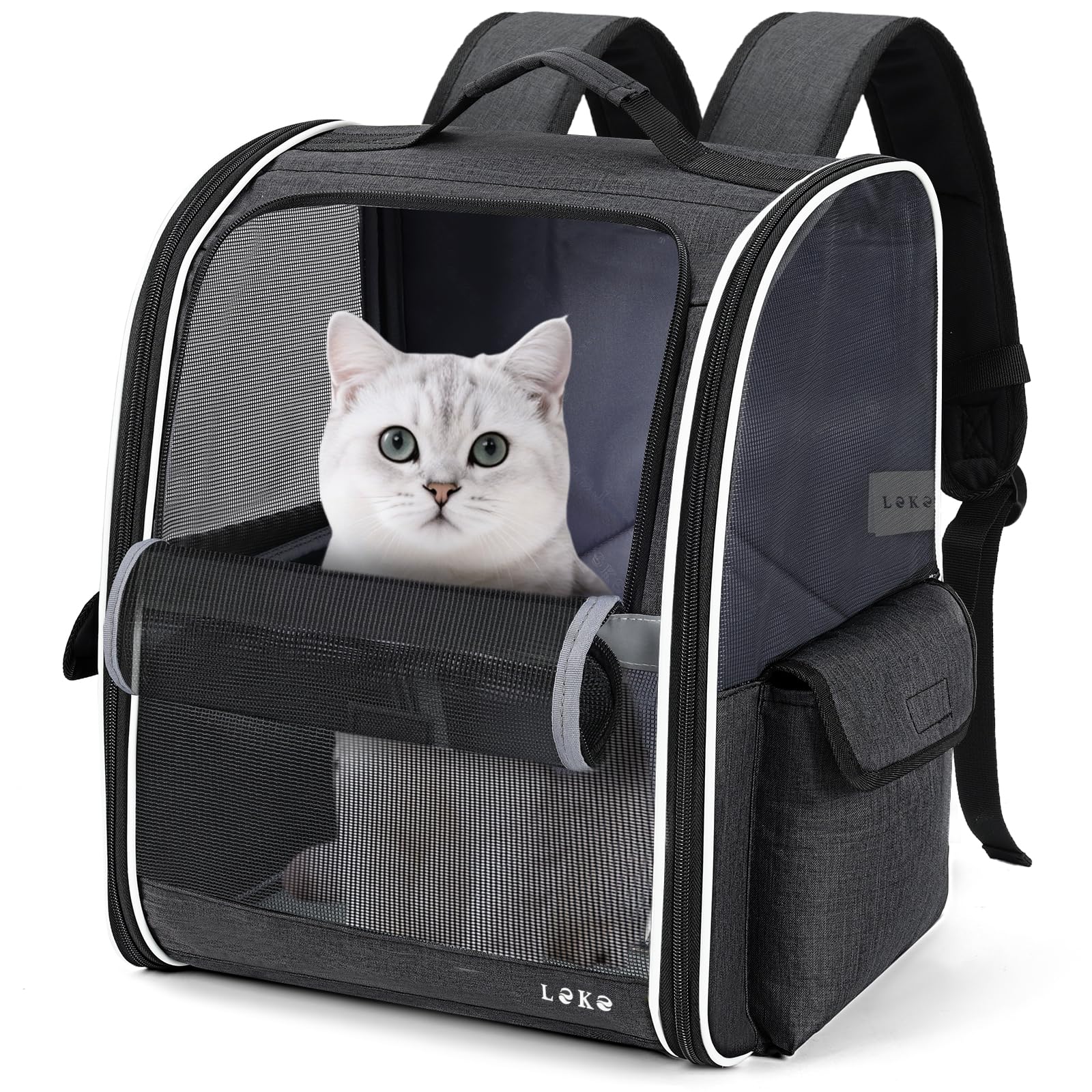 Leksky Zaino per Cani Gatti per Animali Taglia Media/Piccola, Zaino Trasportino Gatto Portatile Pieghevole con Finestra in Rete Fino a 8 kg, Traspirante Zaino Porta Cane per Viaggo Campeggio, Nero L