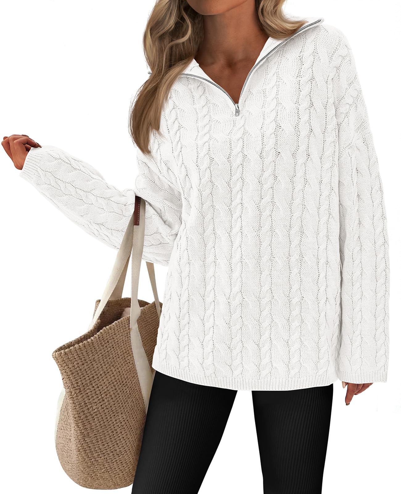 PRETTYGARDEN Womens Spring Sweaters 2026 Long Sleeve Quarter Zip Pullover Sweater Casual Loose V Neck Cable Knit Jumper