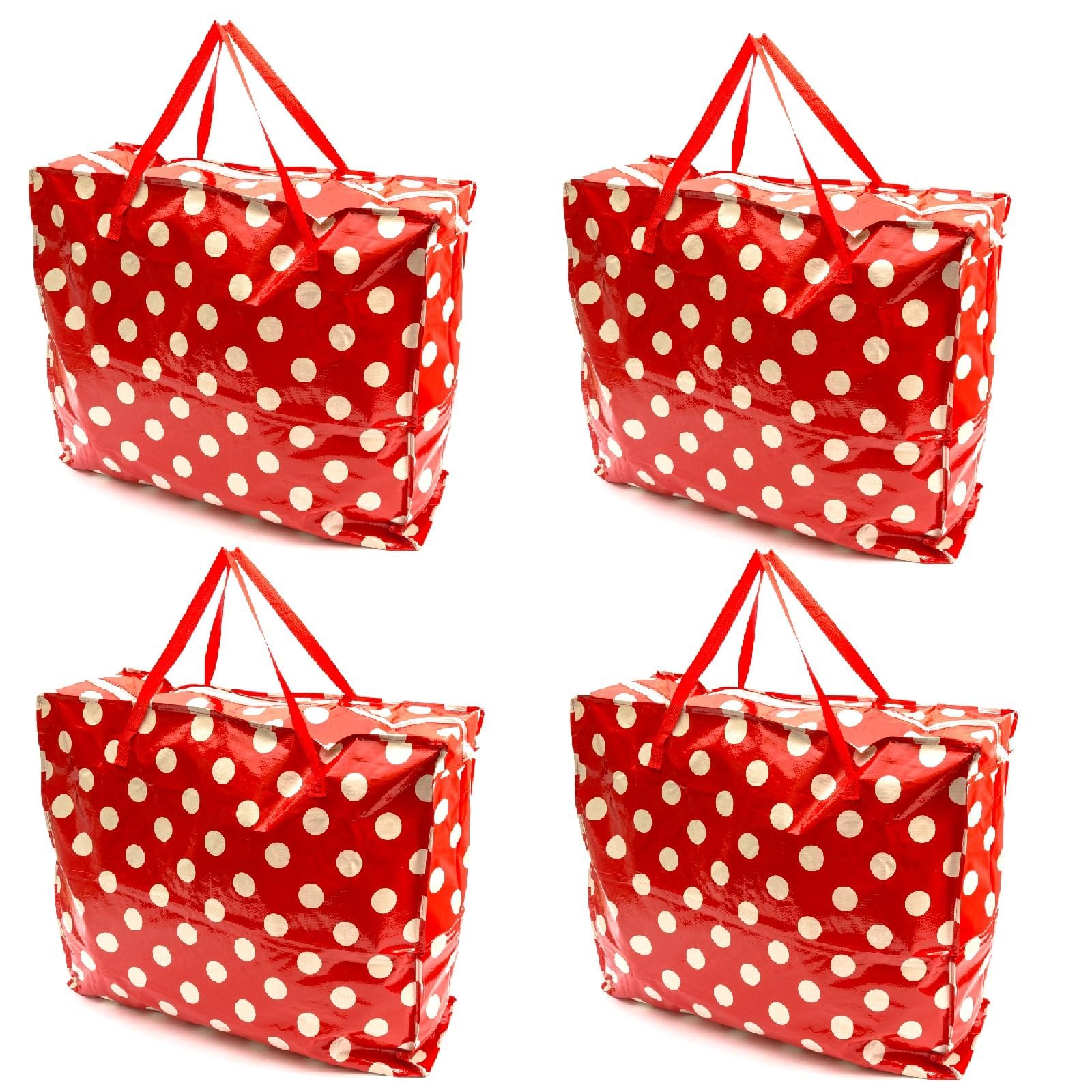 4 PACK Red Polka Dot 75x60x25cm Reusable Storage Bags Extra Large Laundry Bag Heavy Duty X-Large With Zip Waterproof Durable Foldable Laundry Clothing Wardrobe Storage Moving House Shopping