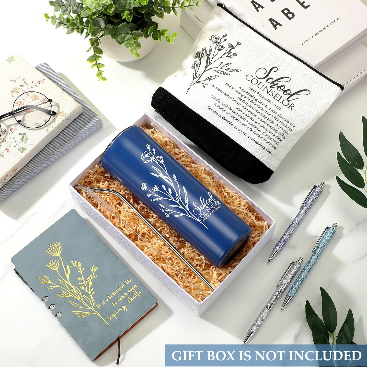 6 Pcs School Counselor Appreciation Gift Set for Women Thank You Gifts 20 oz Boho Flower Tumbler Makeup Bag Journal Ballpoint High School Teacher Educator Work(Blue, Counselor) - Image 5